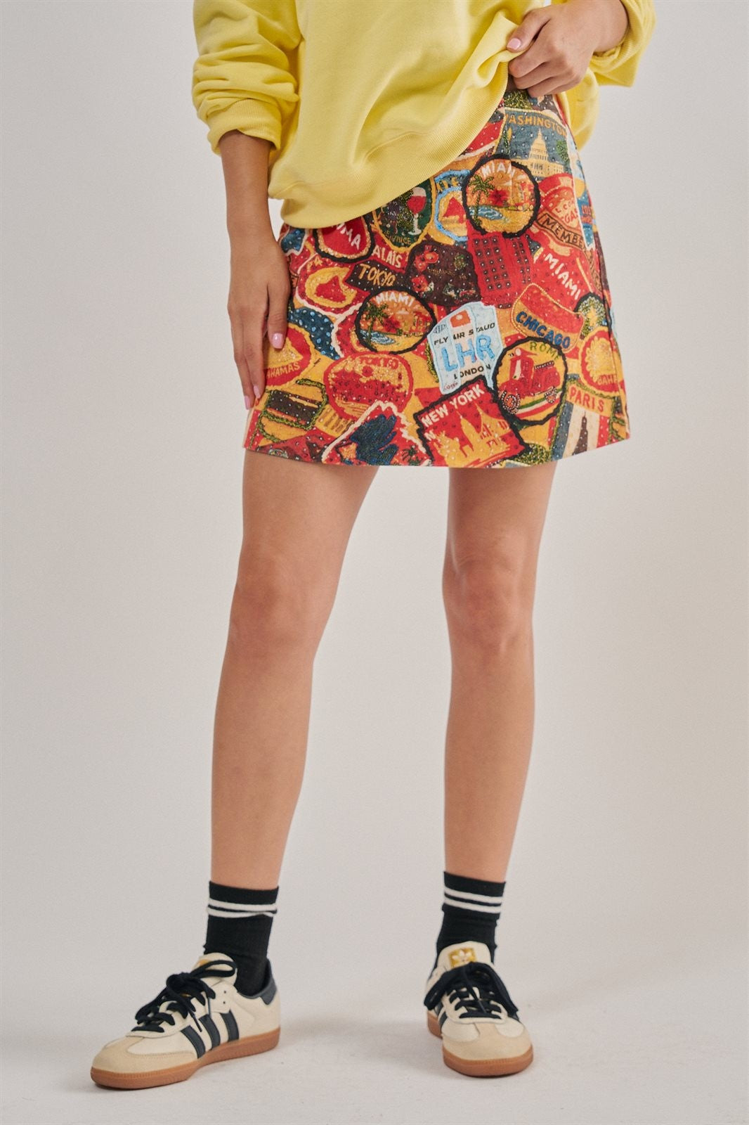 Travel Patch Print Mini Skirt in Italian Summer Vacation in MULTI - Women's Mini Skirts | Urban Daizy