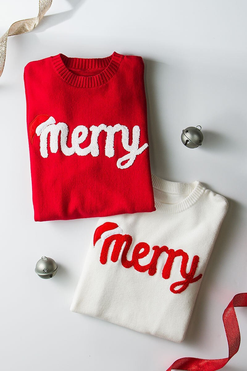 Jolly Script Embroidered Sweater in RED - Women's Sweaters | Urban Daizy