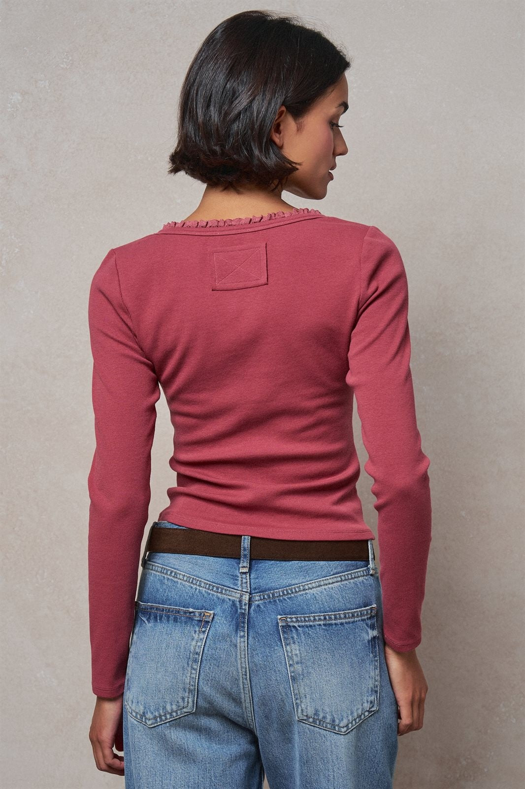 Ribbed Henley Top with Crochet Trim Neckline in MAUVE - Women's T-Shirts & Polos | Urban Daizy