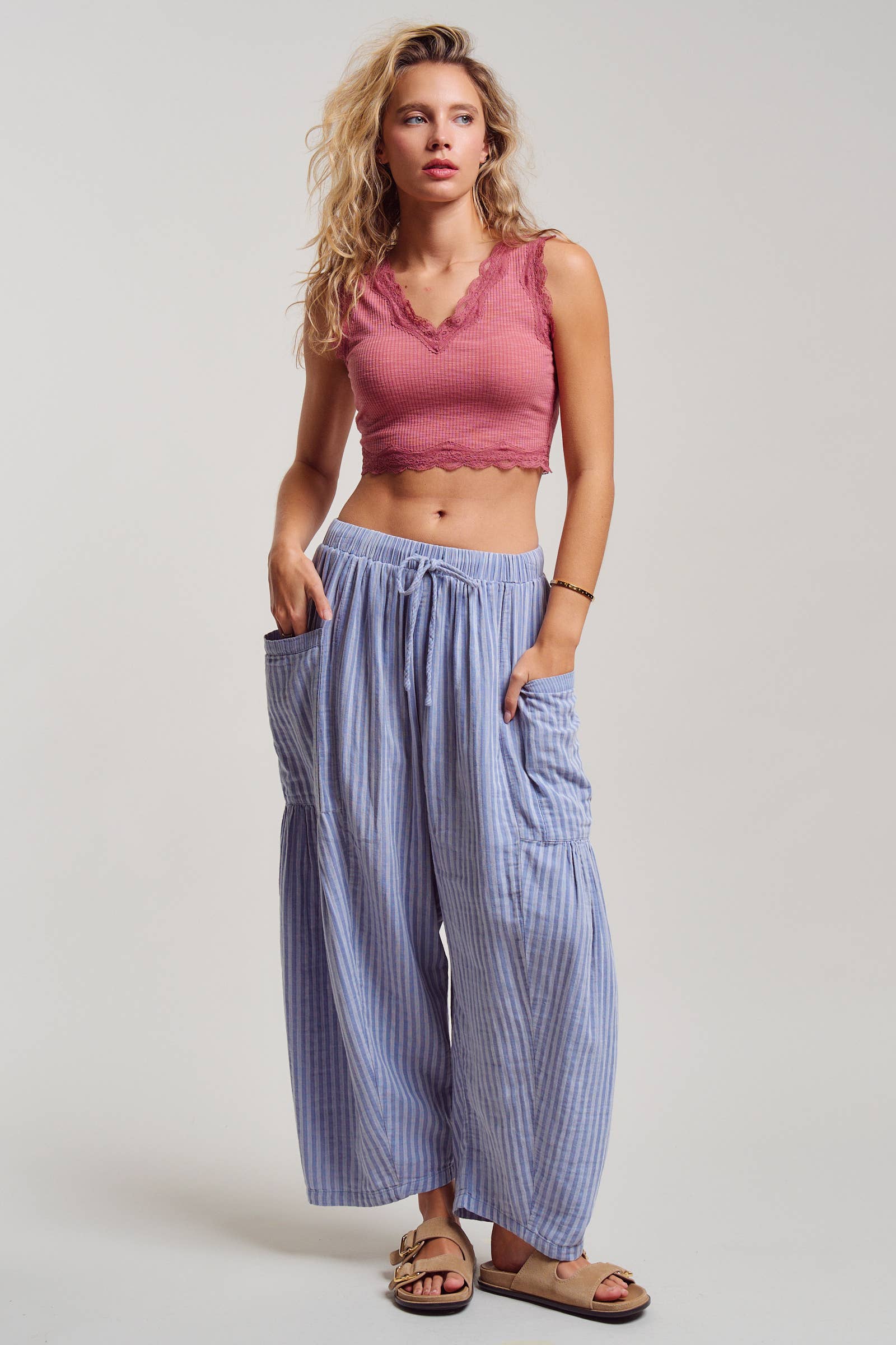 Striped Cotton Drawstring Harem Pants
