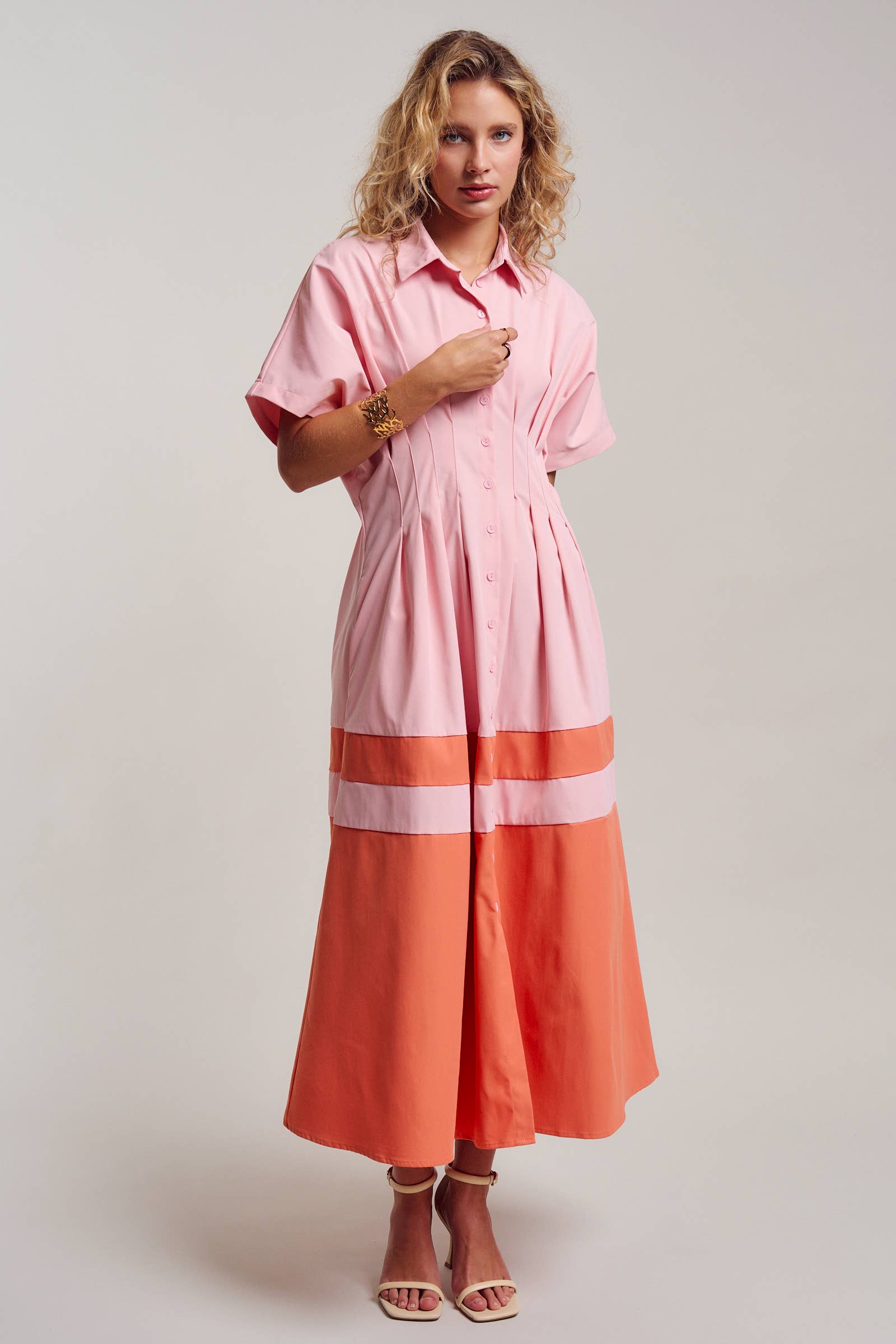 Colorblock Button-Up Cotton Midi Dress