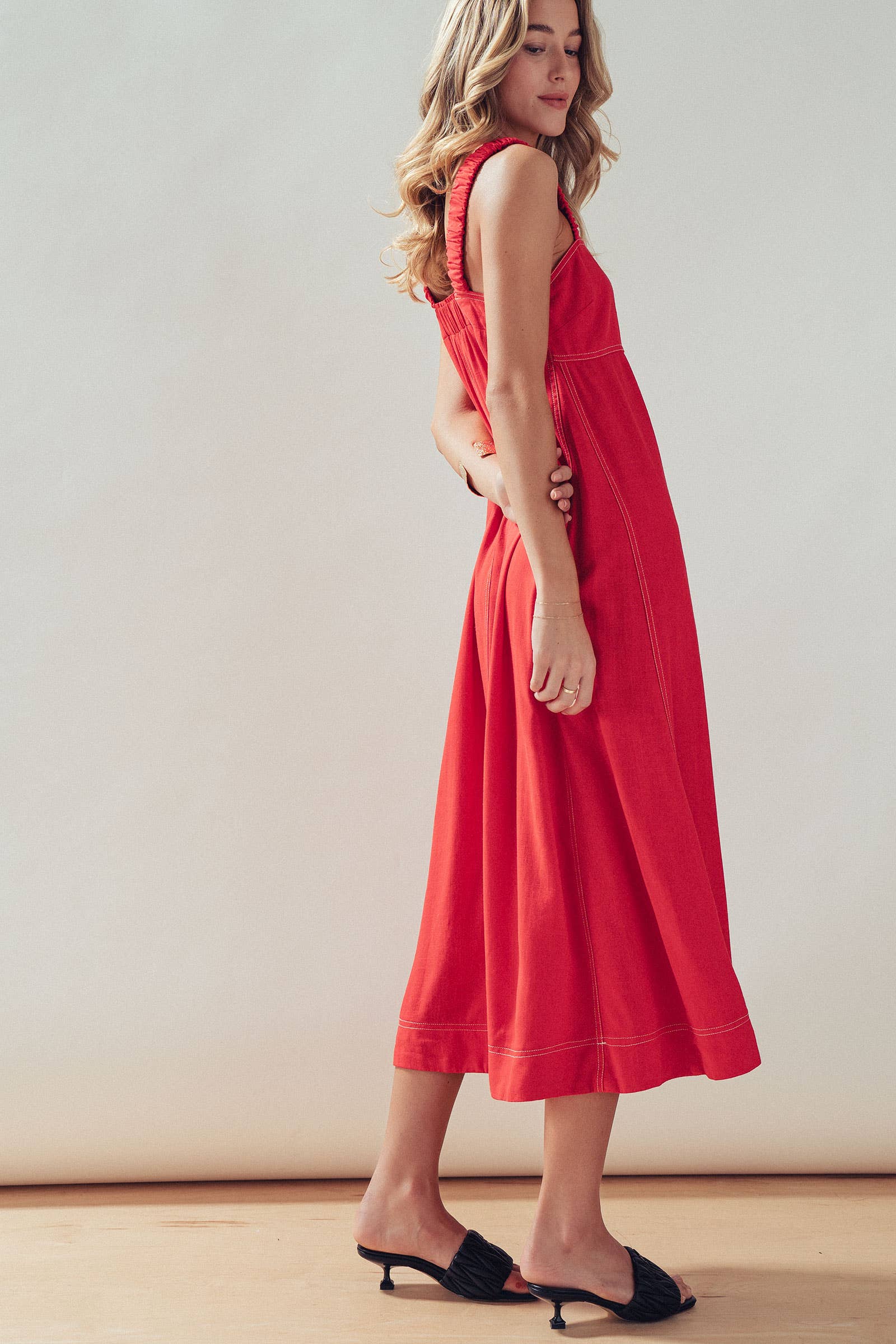 Contrast Stitch Square Neck Tencel Linen Midi Dress