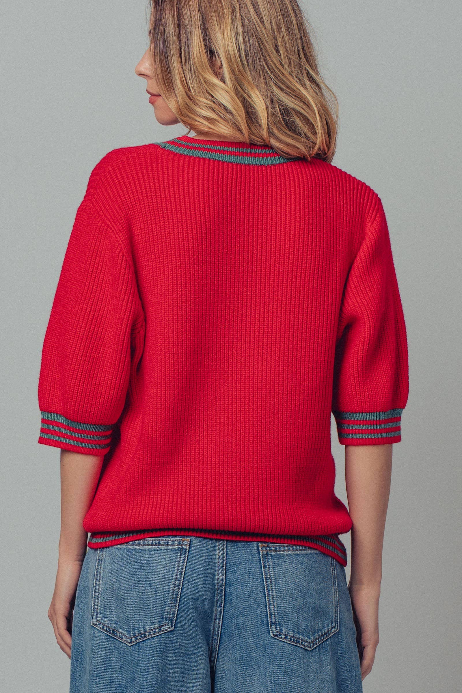 "Merry & Bright" Graphic Sweater with Striped Trim