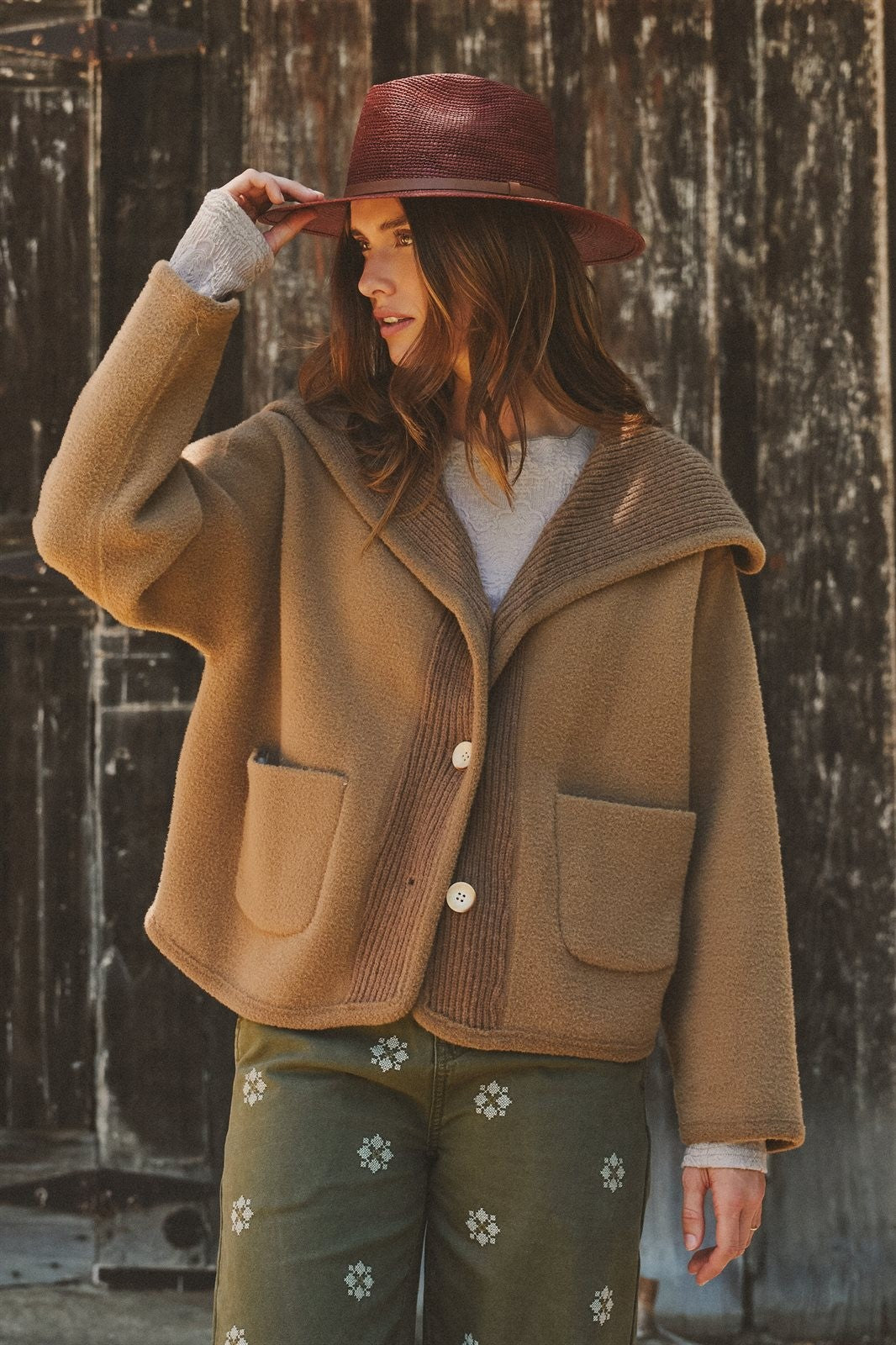 Hooded Button-Front Wool Blend Short Jacket in CAMEL - Women's Jackets & Blazers | Urban Daizy