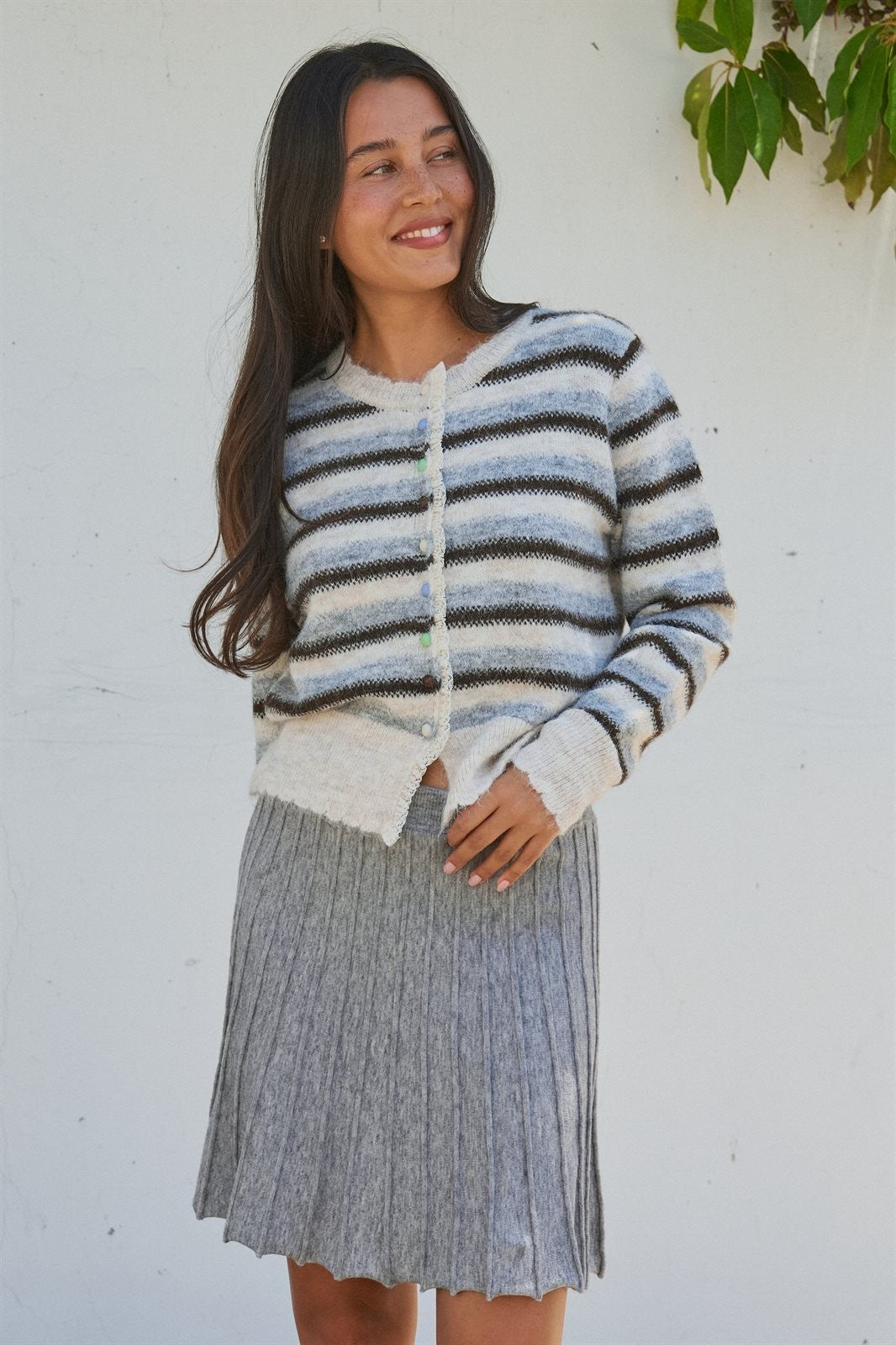 Lace Trim Striped Cardigan Coastal Grandma Preppy for Women in IVORY BROWN - Women's Cardigans & Shrugs | Urban Daizy
