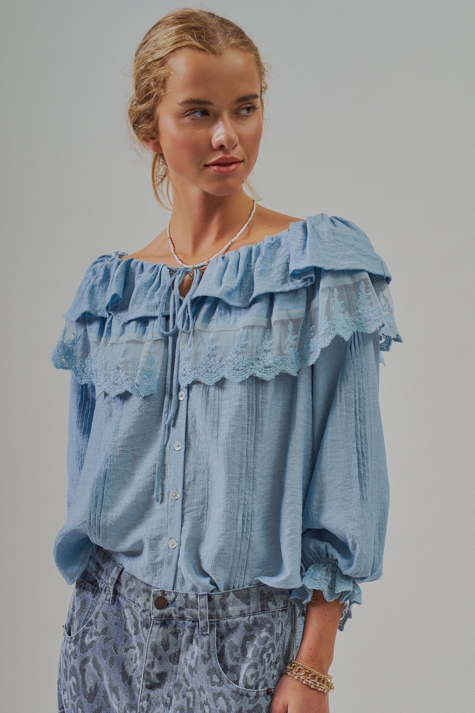 Lace Trim Ruffle Tie Neck Spring Blouse Top