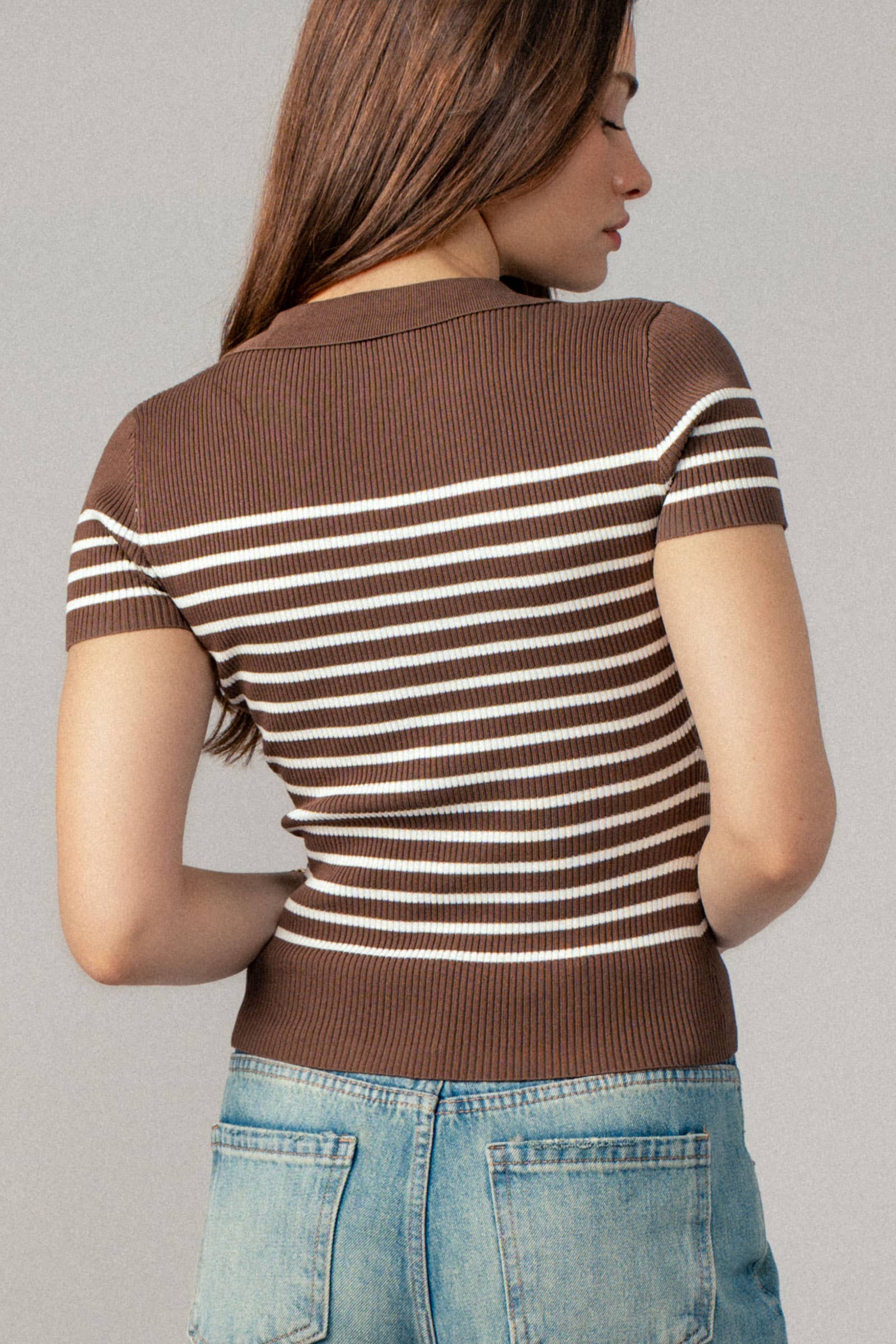 Striped Snap Collar Rib Knit Top
