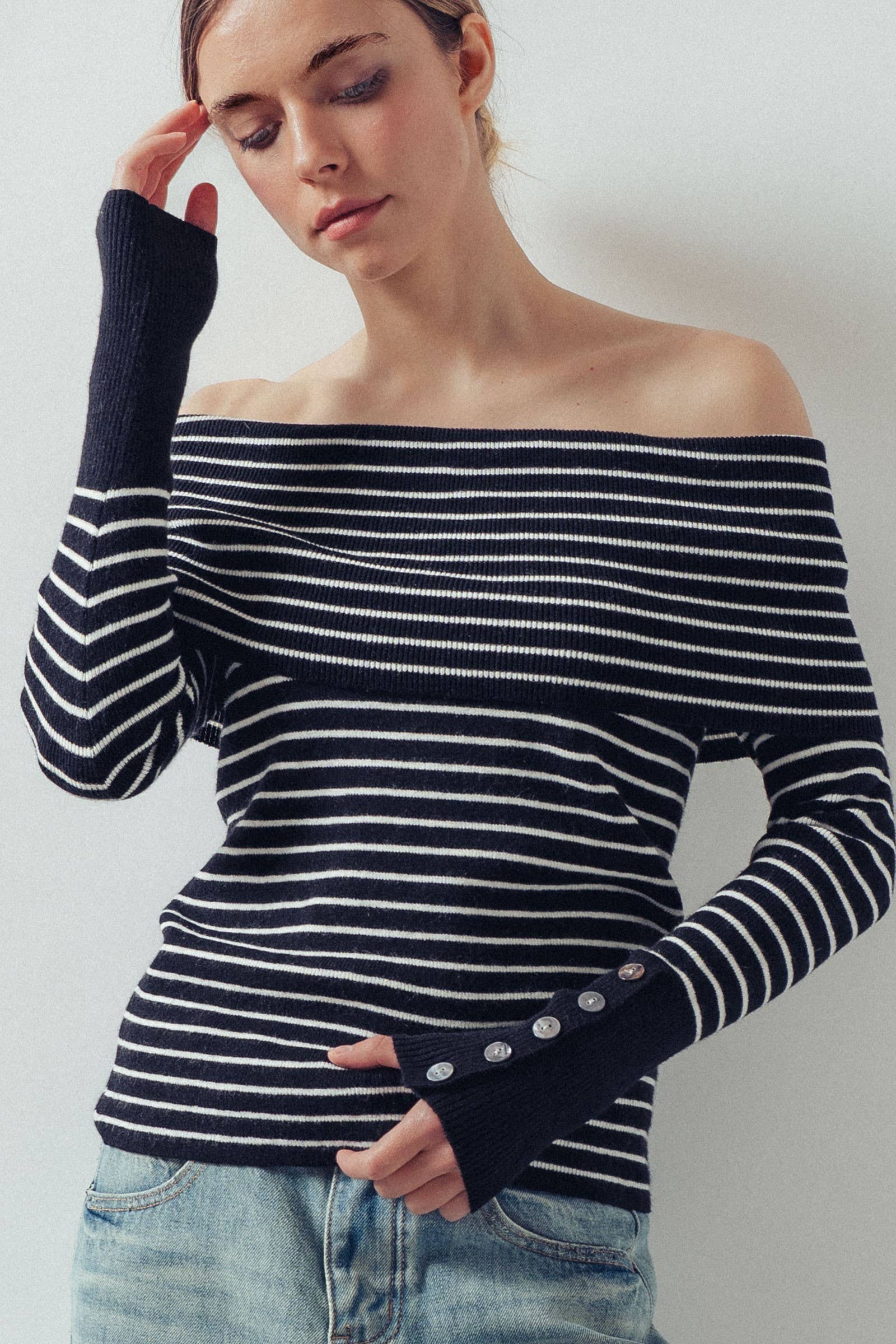 Off-Shoulder Striped Knit Top