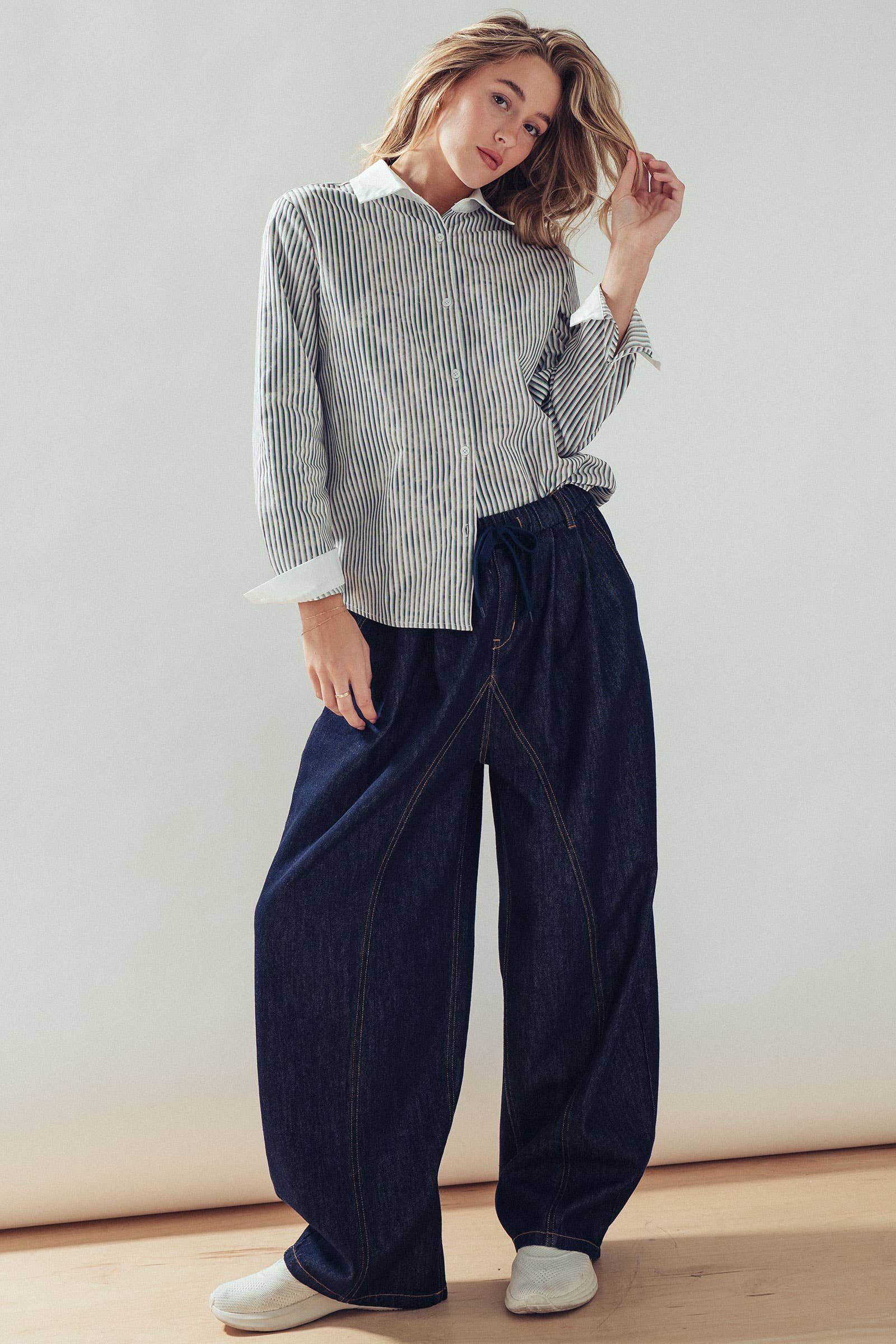 Contrast Collar Multi Stripe Button Down Shirt