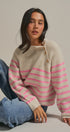 Striped Mock Neck Sweater with Gold Button Shoulder in PINK BEIGE - Women's Sweaters | Urban Daizy