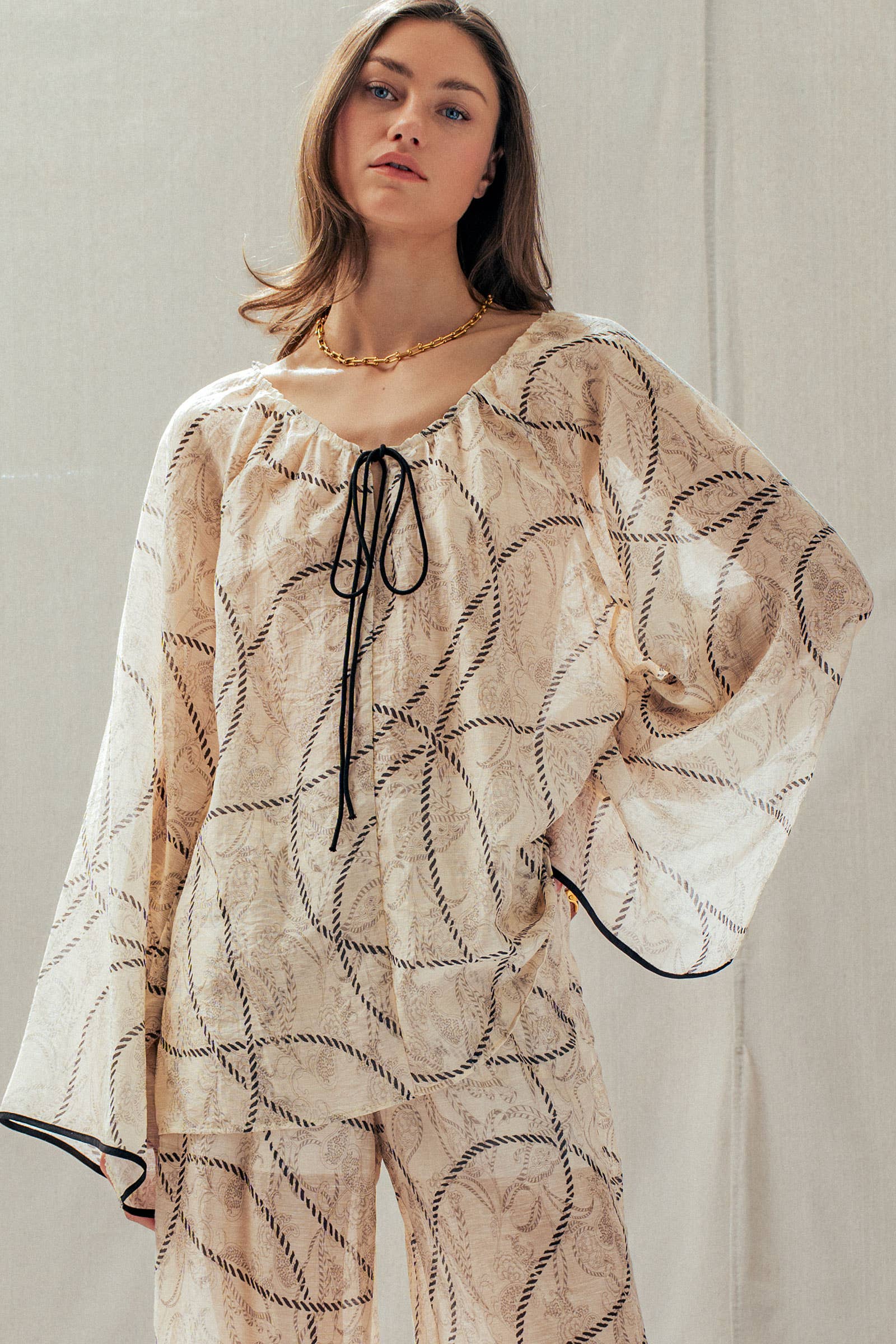 Urban Daizy Nautical Rope Print Tencel Linen Bell Sleeve Top Ivory Blouse - Women's (UDTP1428-Ivory) – alternate view 2