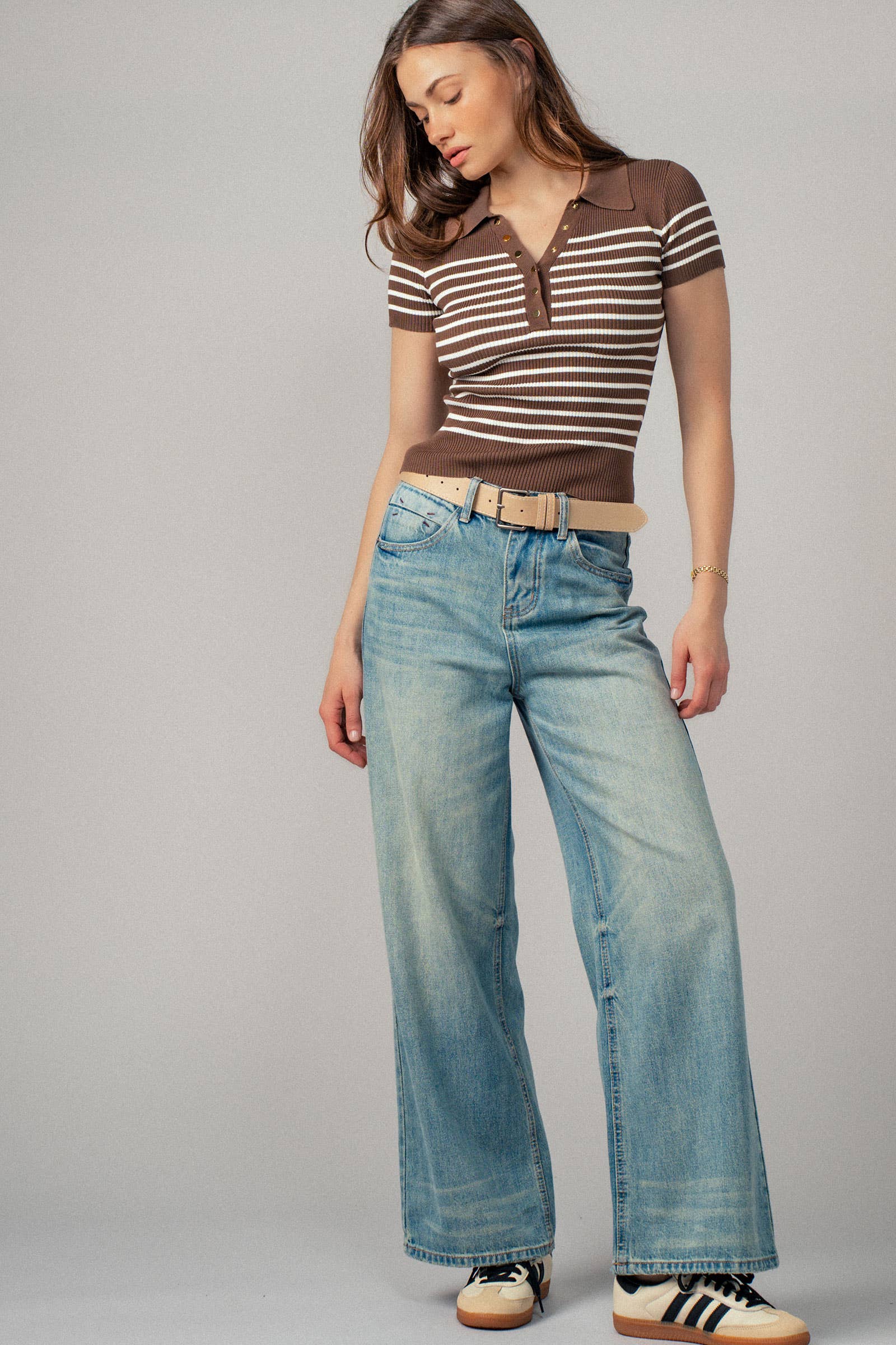 Striped Snap Collar Rib Knit Top