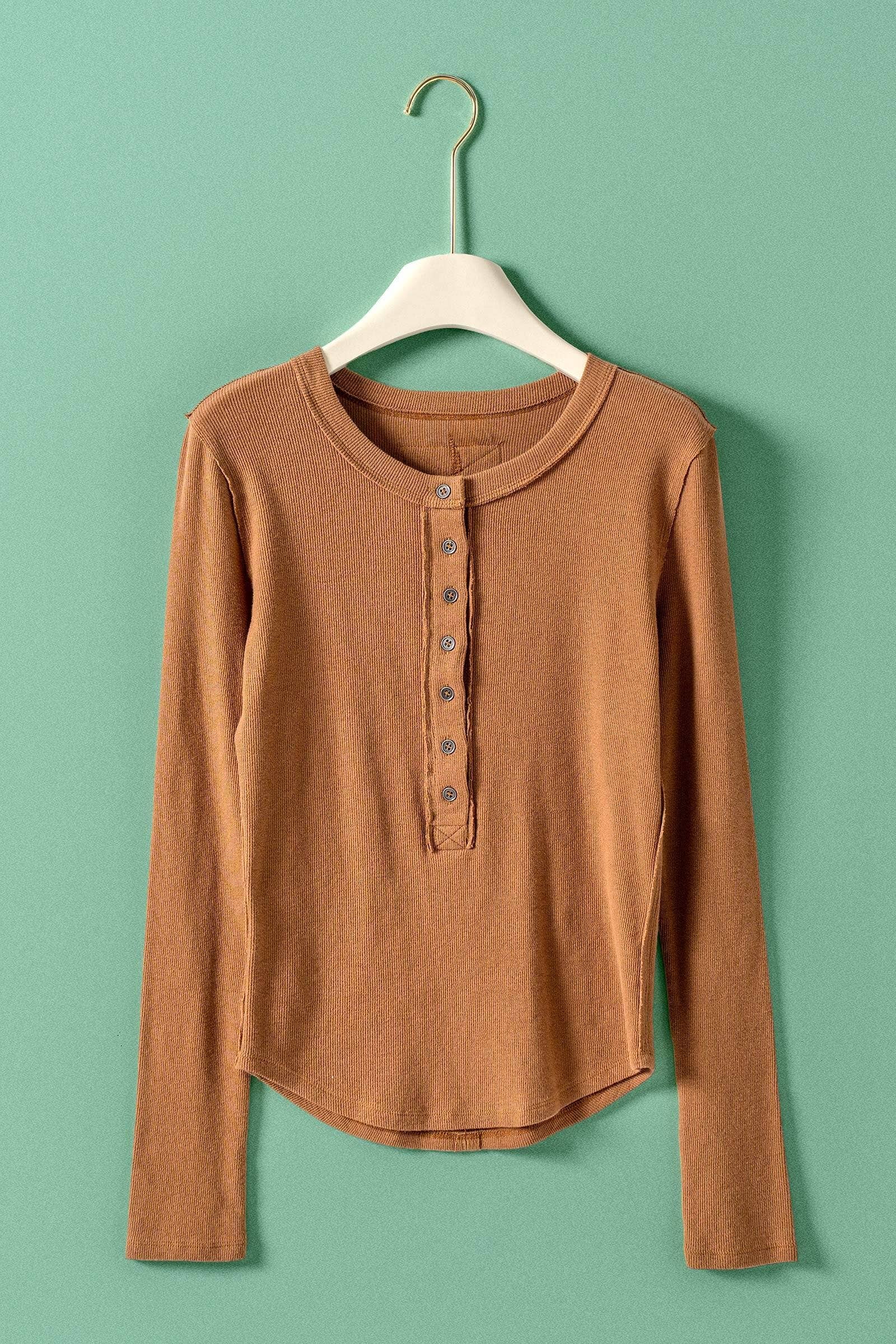 Ribbed Henley Long Sleeve Top