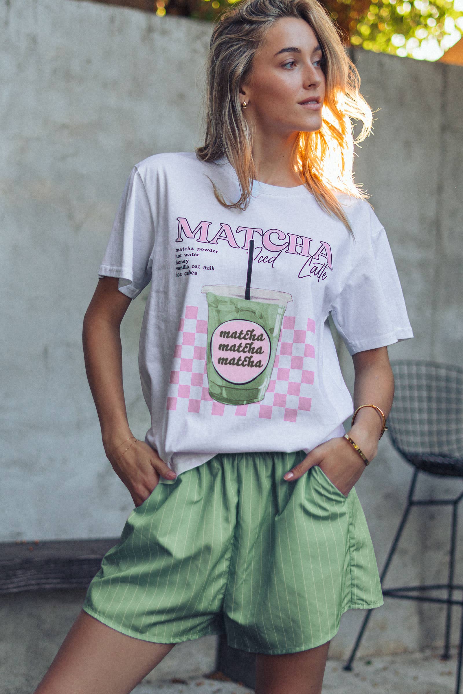 Urban Daizy Matcha Iced Latte Graphic Tee & Striped Shorts Set White-Green Lounge Set - Women's (UDZ-AC-00230) – alternate view 7