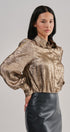Metallic Shimmer Button Down Blouse with Puff Sleeves in GOLD - Women's Shirts & Blouses | Urban Daizy