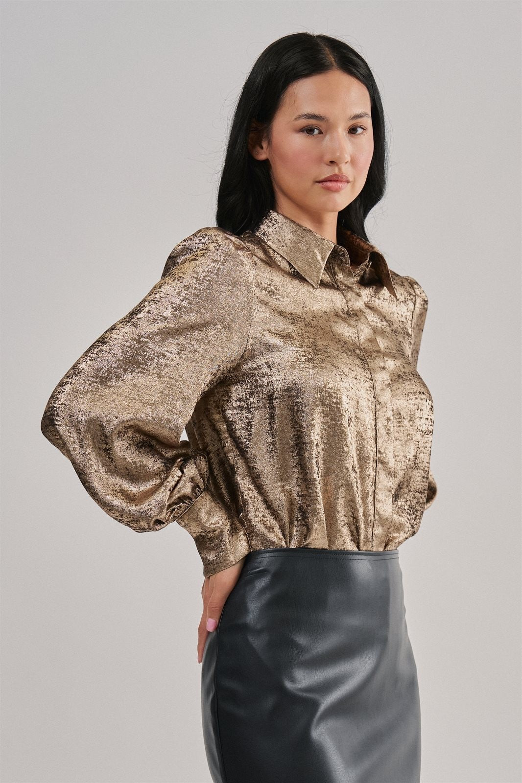 Metallic Shimmer Button Down Blouse with Puff Sleeves in GOLD - Women's Shirts & Blouses | Urban Daizy