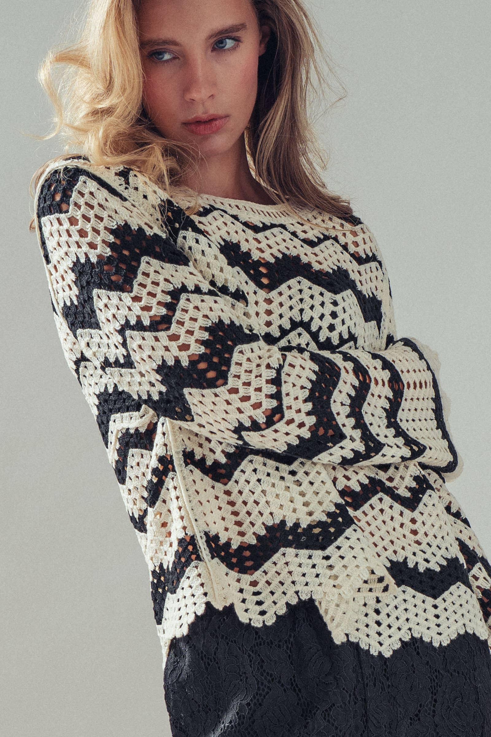 Chevron Pattern Open-Knit Crochet Sweater
