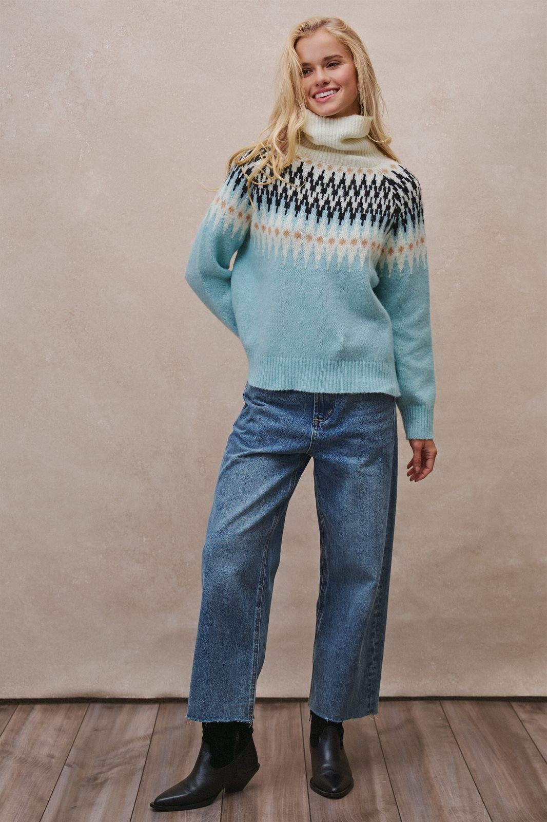 Icelandic Yoke Turtleneck Sweater in PASTEL BLUE - Women's Sweaters | Urban Daizy
