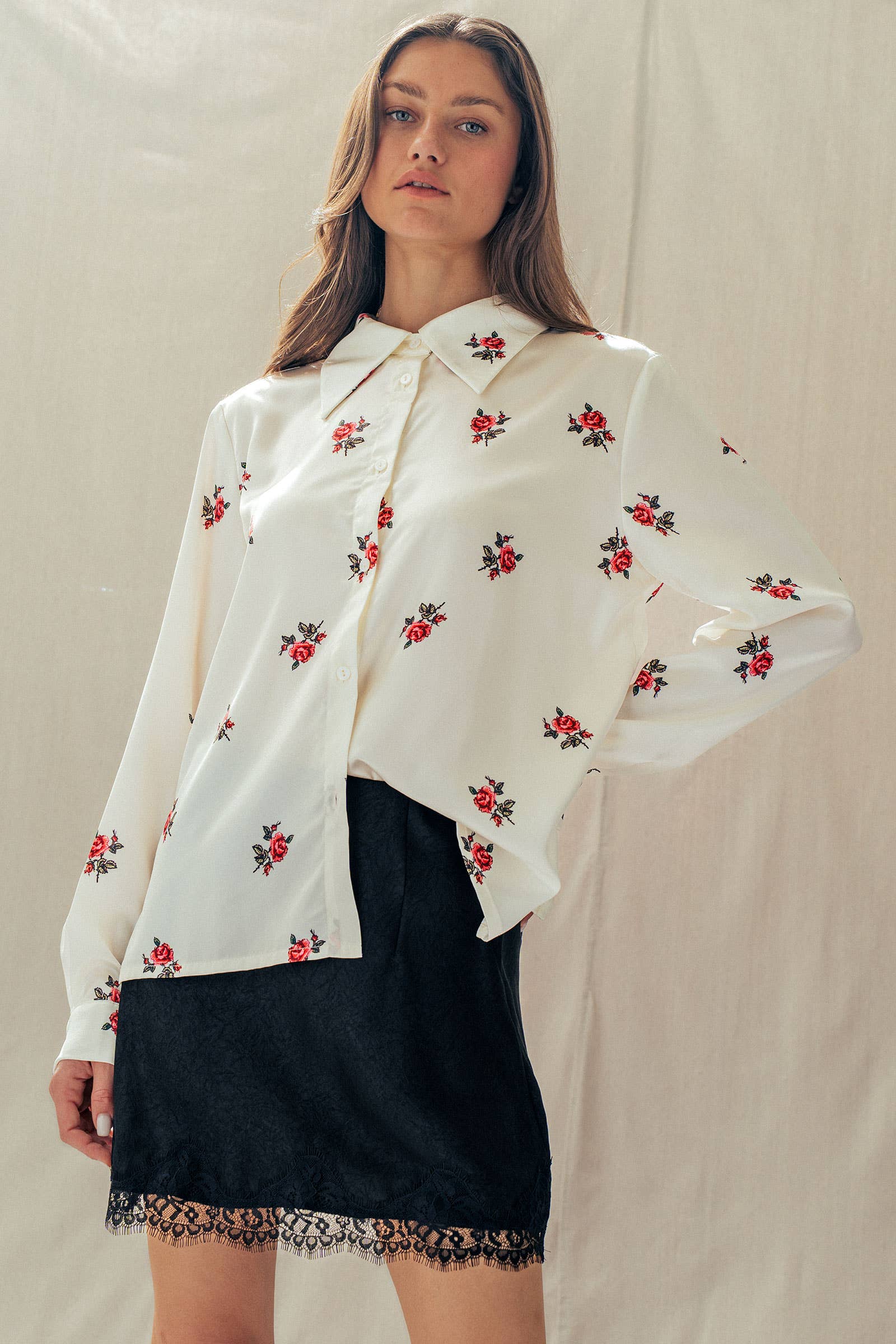 Rose Print Satin Button-Up Blouse
