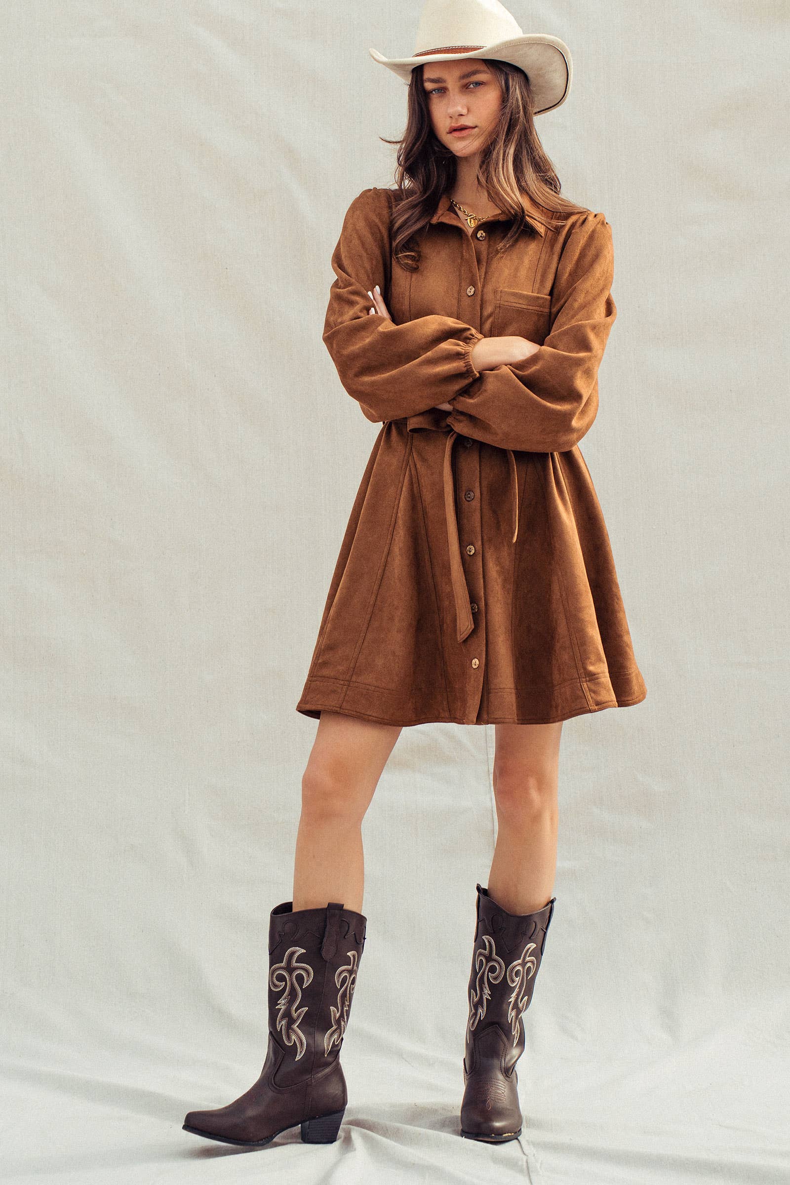 Western Suede Shirt Mini Dress–Belted Waist, Puff Sleeves