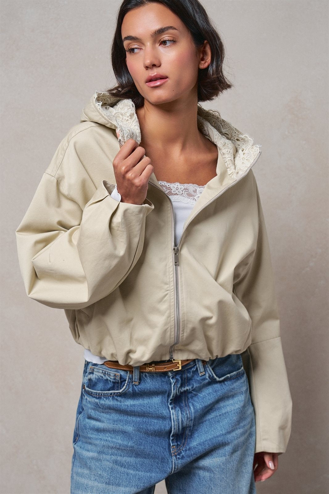 Oversized Hooded Zip-Front Cotton Jacket in KHAKI - Women's Jackets & Blazers | Urban Daizy