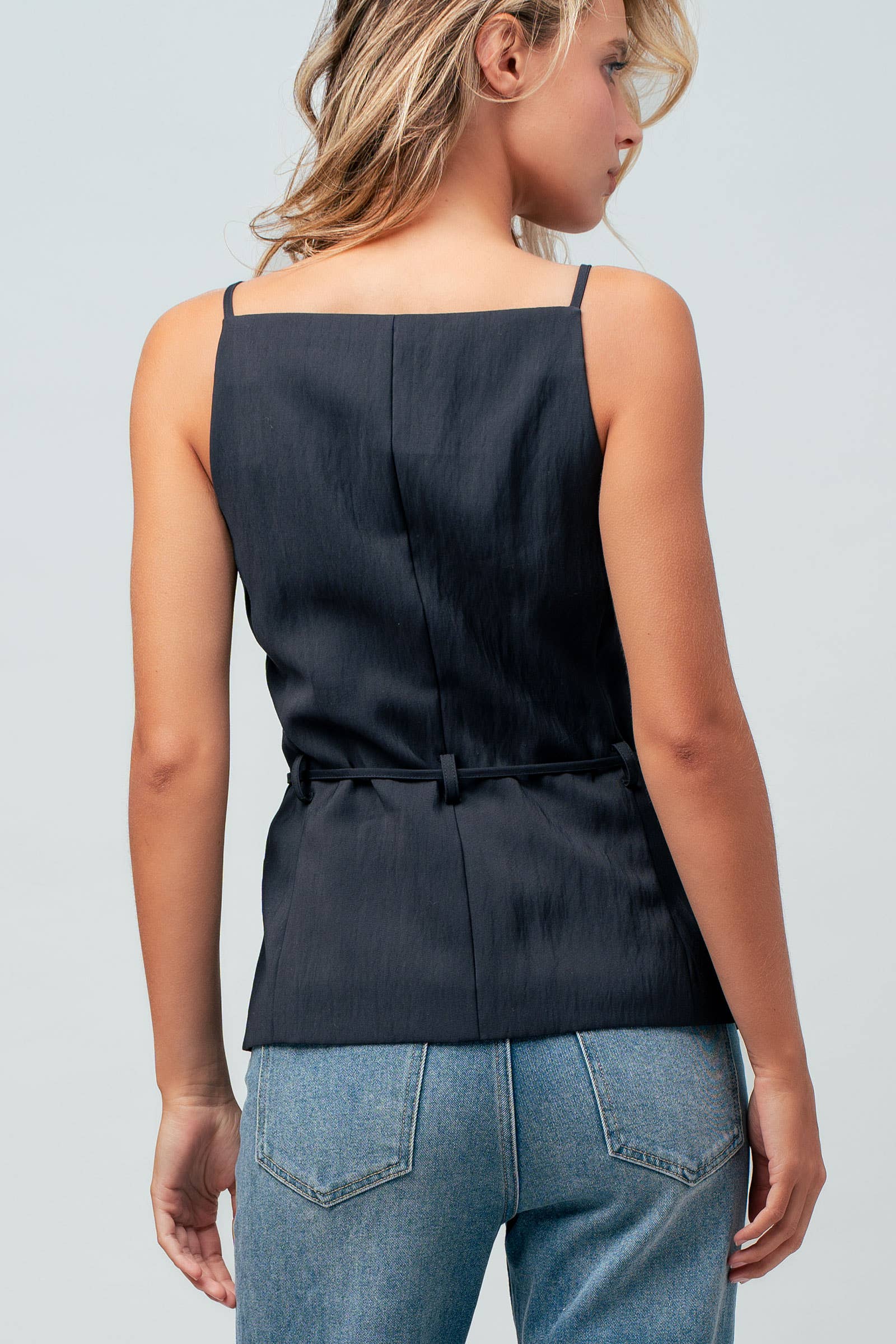 Button Front Tie Waist Vest Top