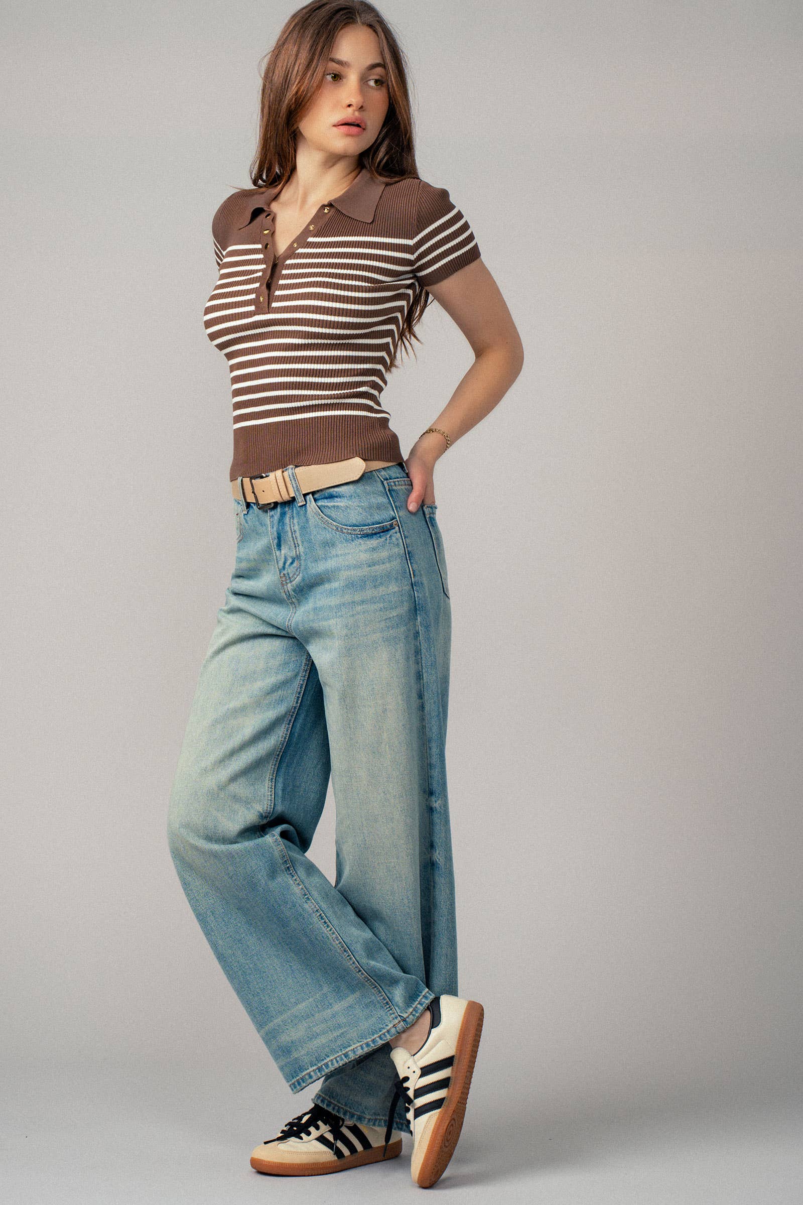 Striped Snap Collar Rib Knit Top