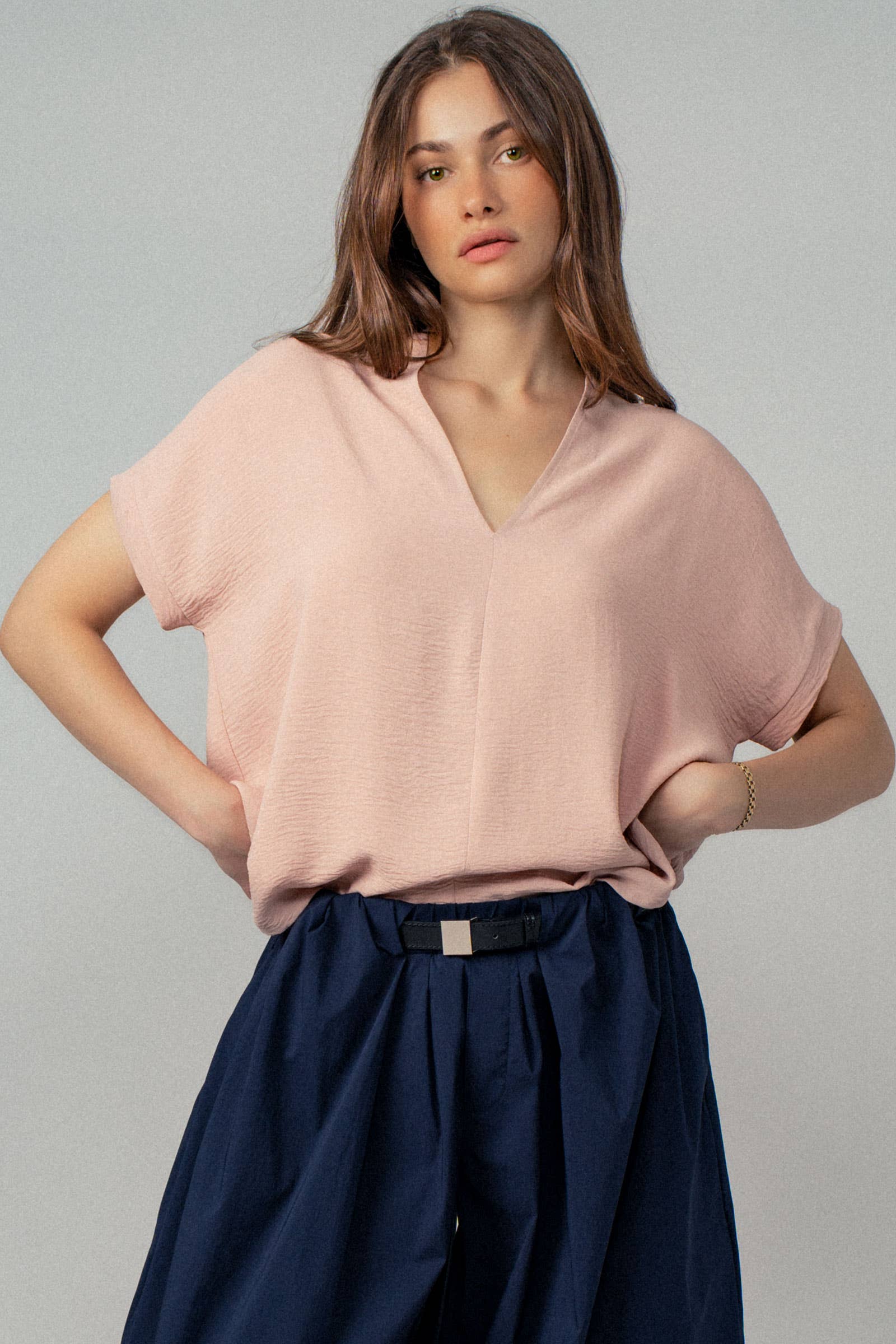 Urban Daizy Relaxed V-Neck Top with Folded Sleeves Ivory Blouse - Women's (UDZ-TP-00570) – alternate view 5