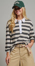 Striped Rugby Polo Long Sleeve Knit Top with Contrast Collar in IVORY BLACK - Women's T-Shirts & Polos | Urban Daizy