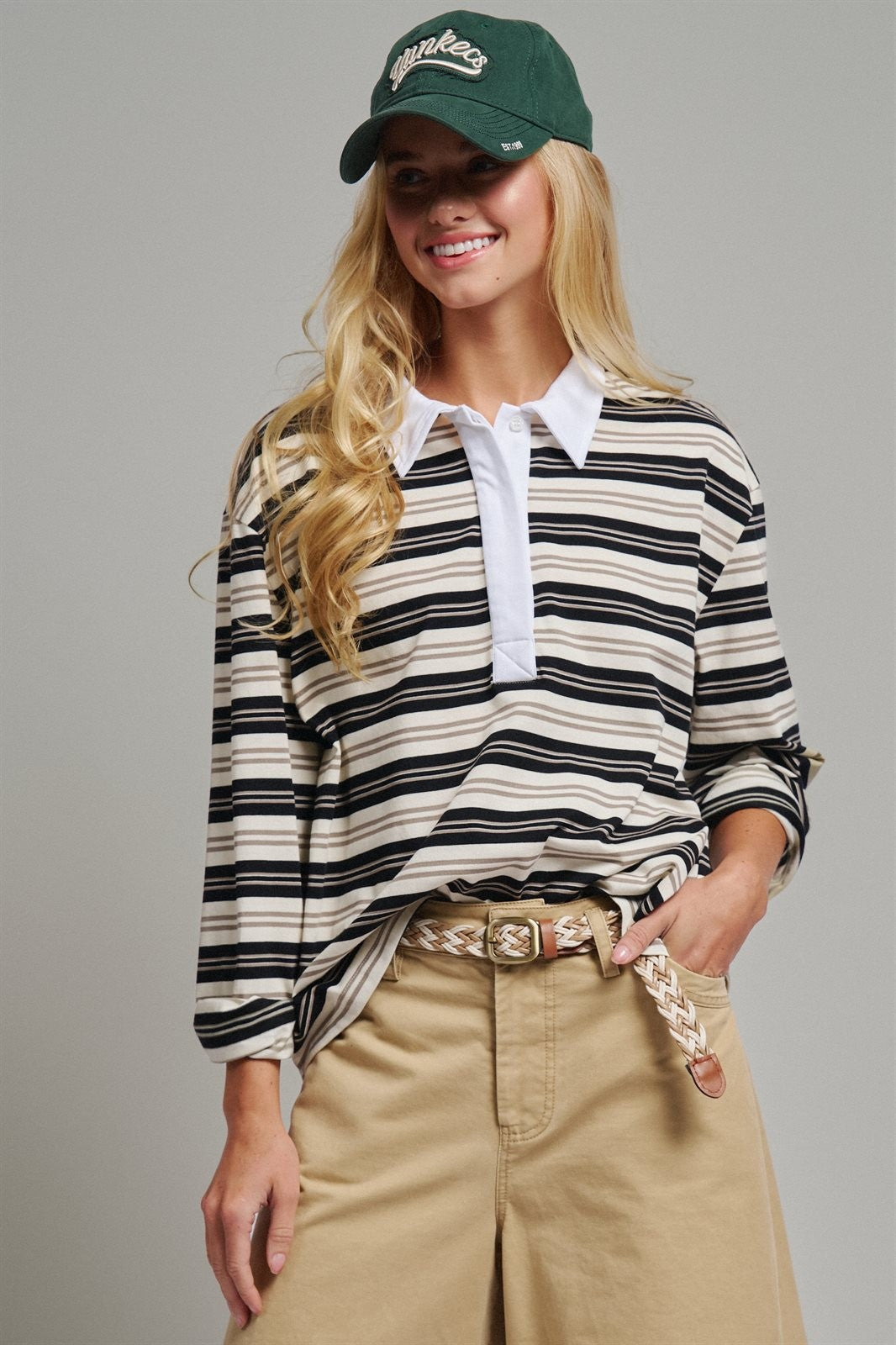 Striped Rugby Polo Long Sleeve Knit Top with Contrast Collar in IVORY BLACK - Women's T-Shirts & Polos | Urban Daizy
