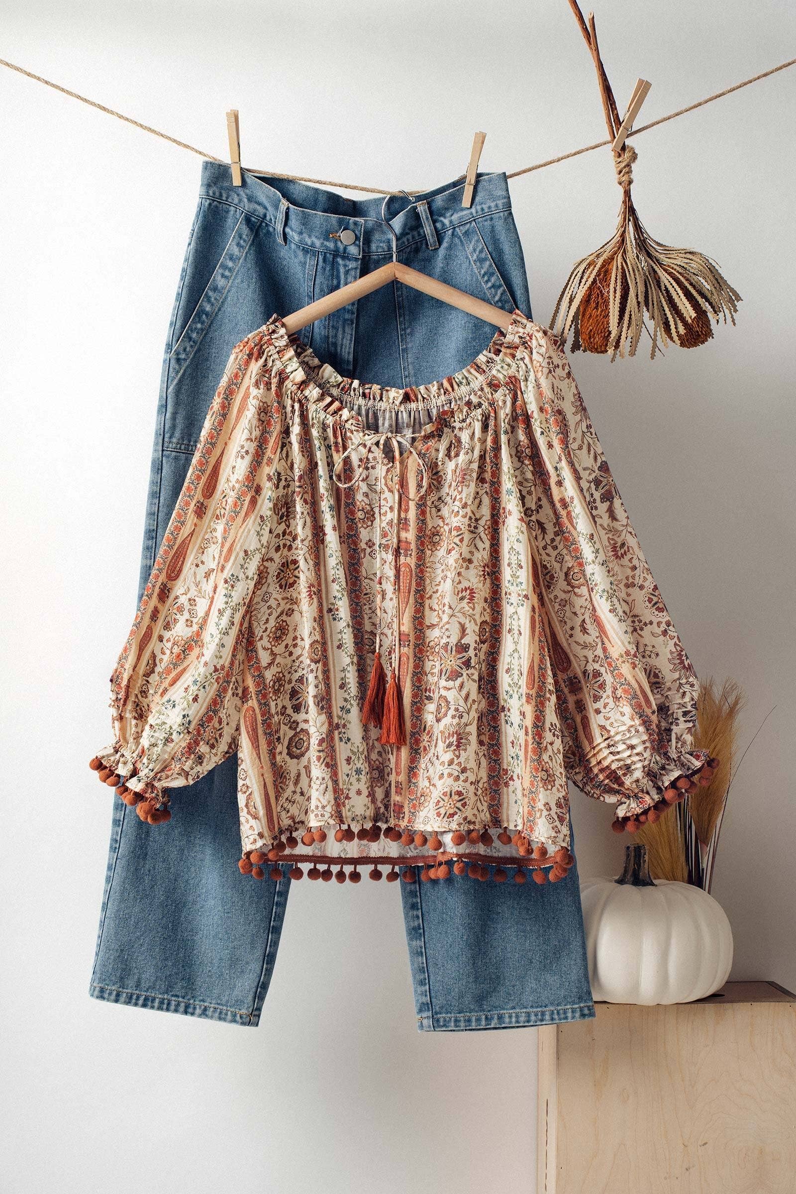 Urban Daizy Boho Off-Shoulder Floral Stripe Blouse Brown-Multi Blouse - Women's (UDZ-TP-01030) – alternate view 7