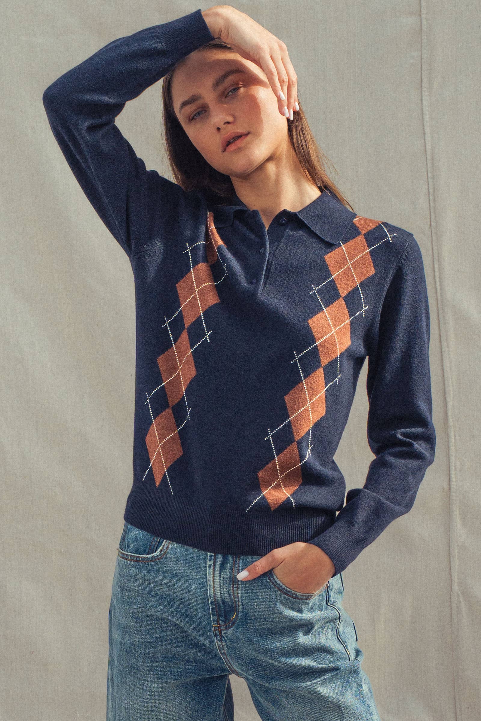 Classic Argyle Knit Polo Sweater