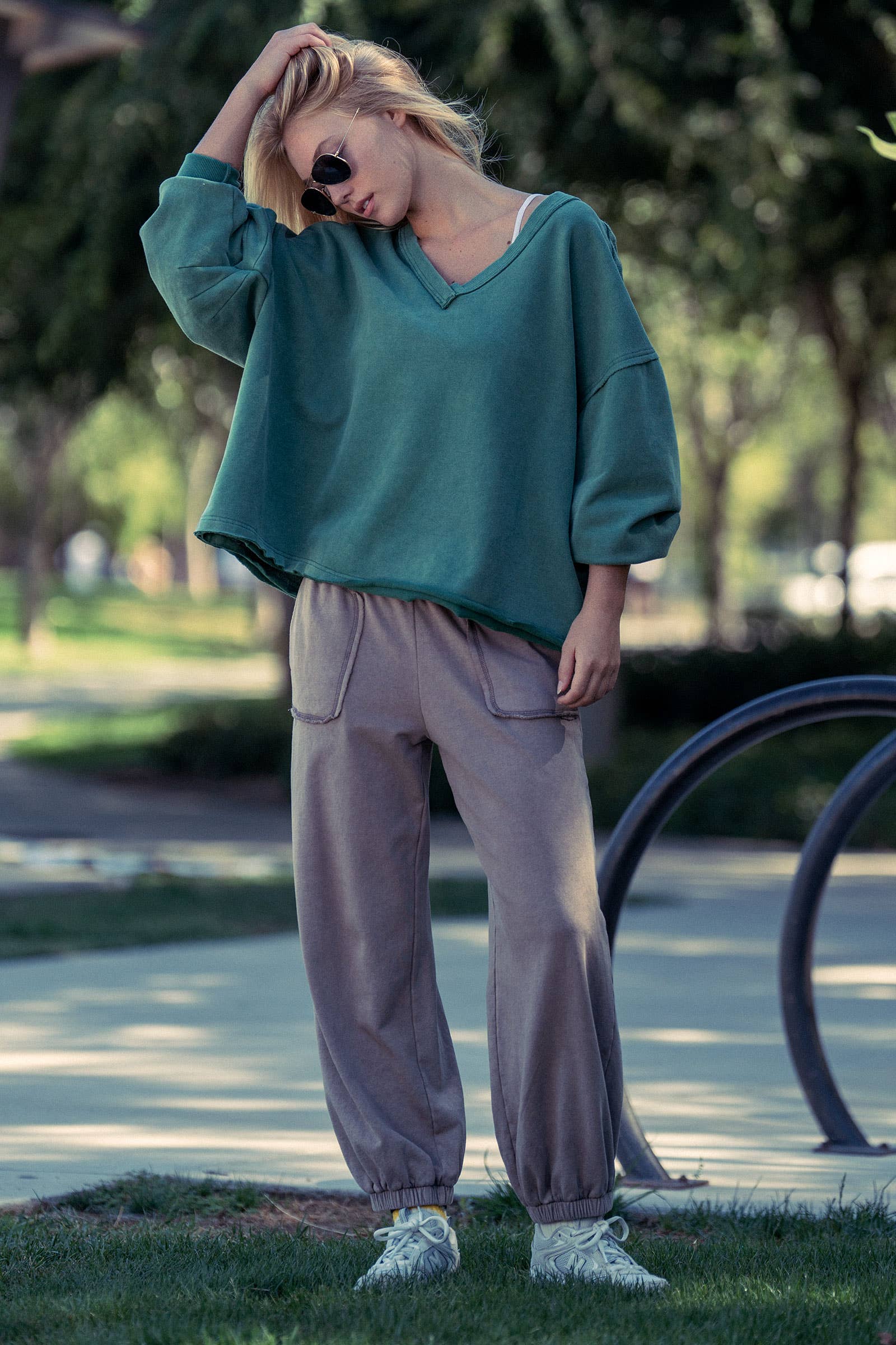 Raw Edge V-Neck Oversized Sweatshirt