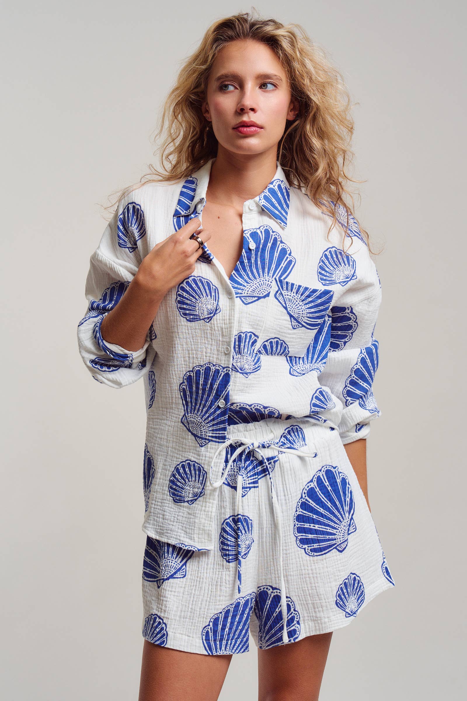Seaside Blue Shell Cotton Gauze Shirt & Short Set