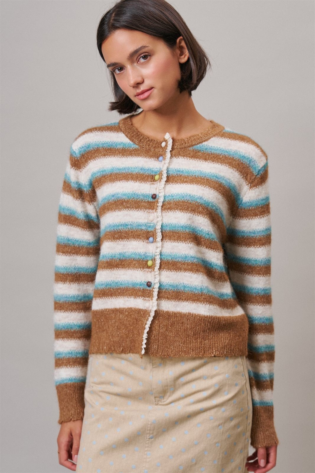 Lace Trim Striped Cardigan Coastal Grandma Preppy for Women in BROWN BLUE - Women's Cardigans & Shrugs | Urban Daizy