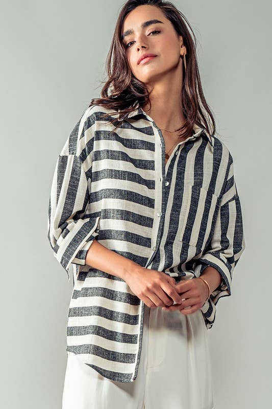 Urban Daizy Mixed Stripe Pattern Oversized Button Down Shirt Taupe Button Down Shirt - Women's (UDZ-TP-00049) – alternate…