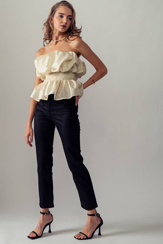 Urban Daizy Strapless Ruffle Smocked Waist Silky Peplum Top Black Blouse - Women's (UDZ-TP-00566) – alternate view 11