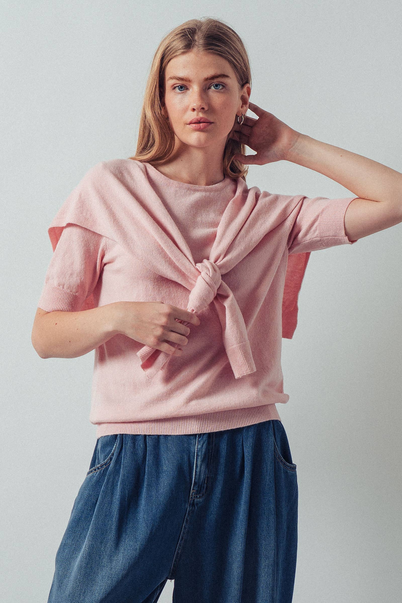 Faux Layered Tie-Front Knit Top