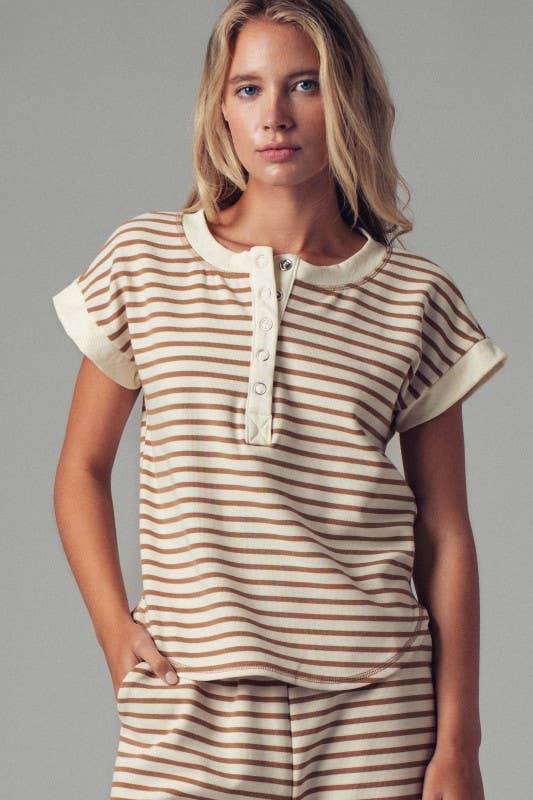 Striped Henley Button-Up Western Top