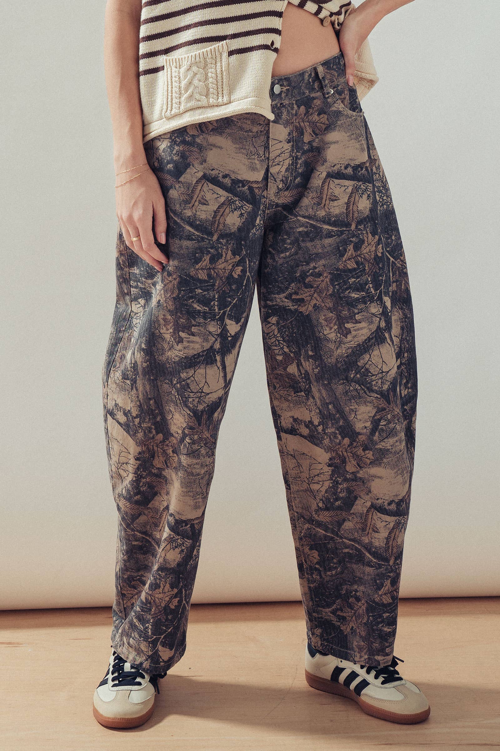 Forest Camo Print Barrel Leg Jeans