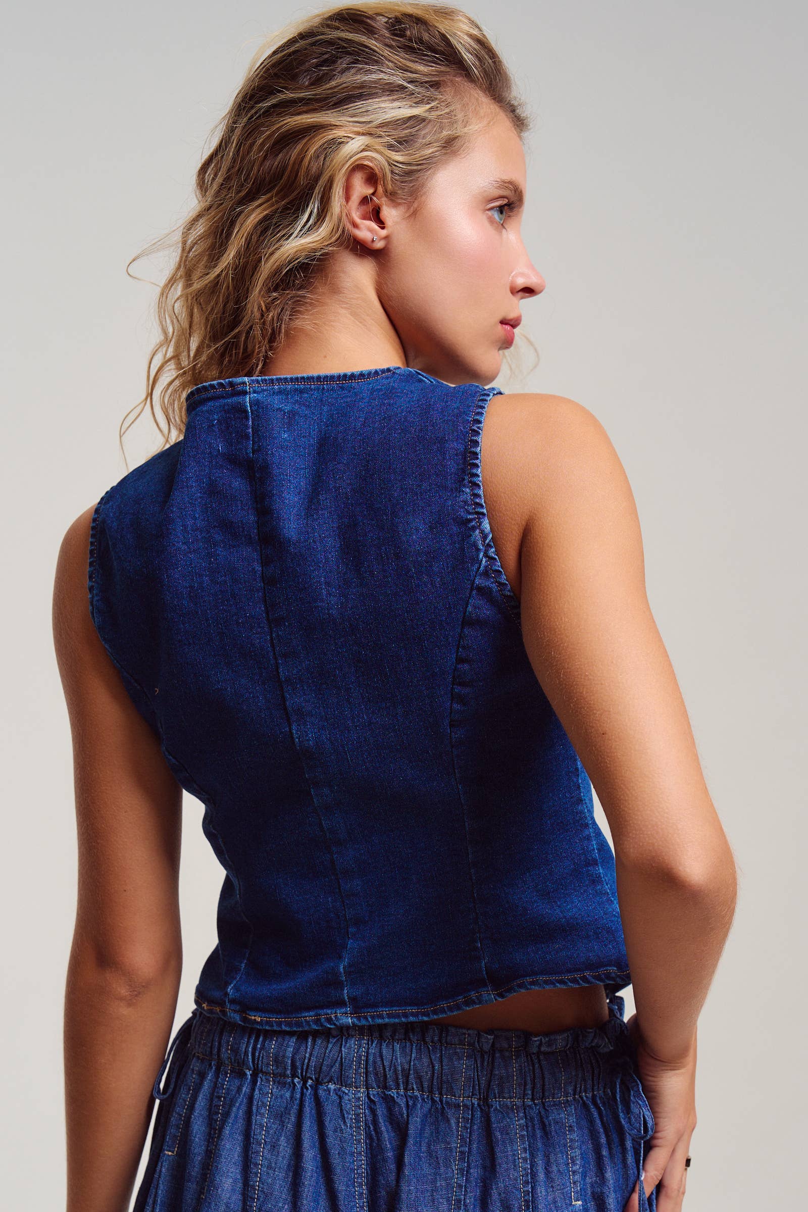 Fitted Gold Button Front Denim Vest