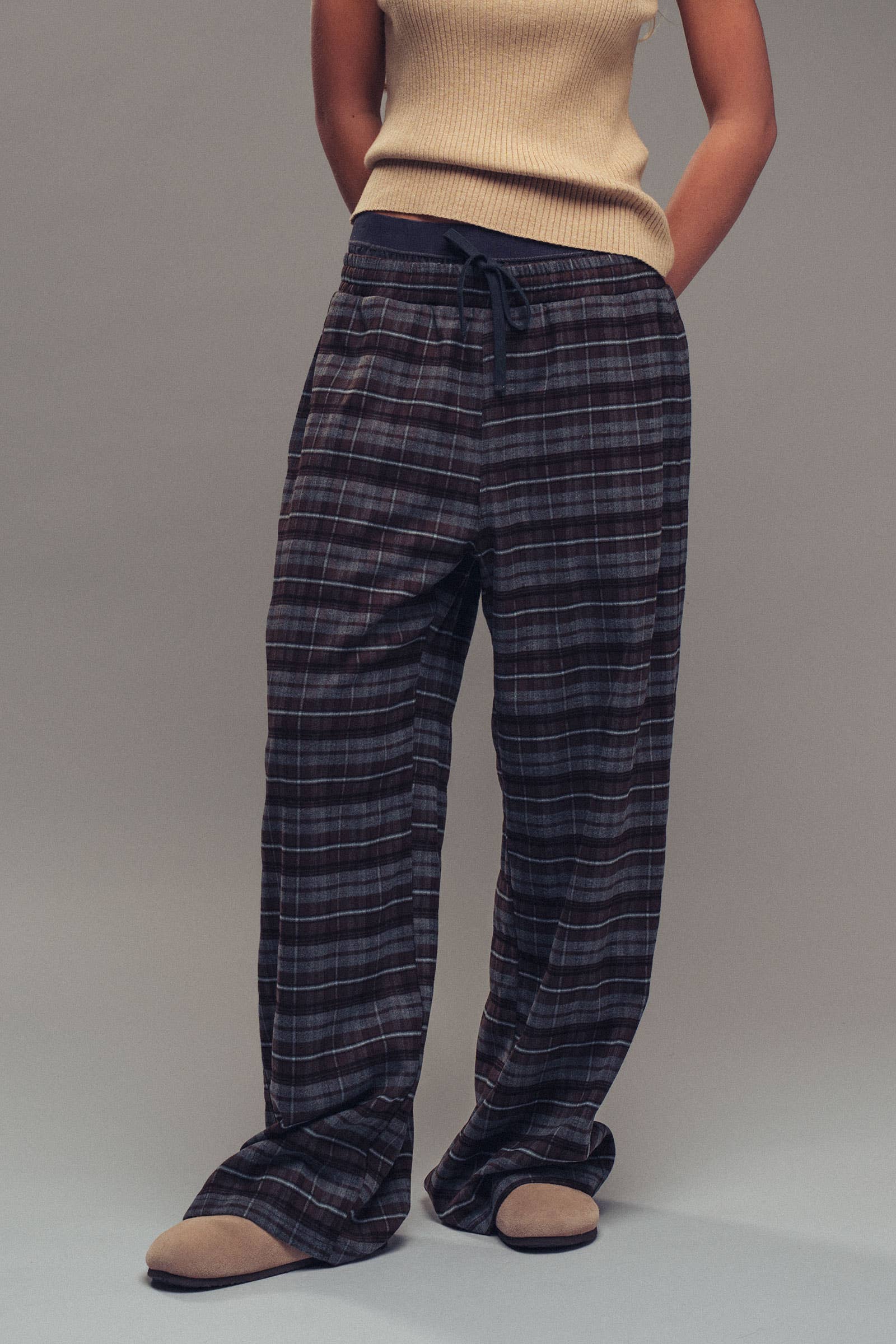 Urban Daizy Plaid Wide-Leg Lounge Pants Brown-Multi Lounge Sweatpants/Joggers - Women's (UDZ-KN-00150)