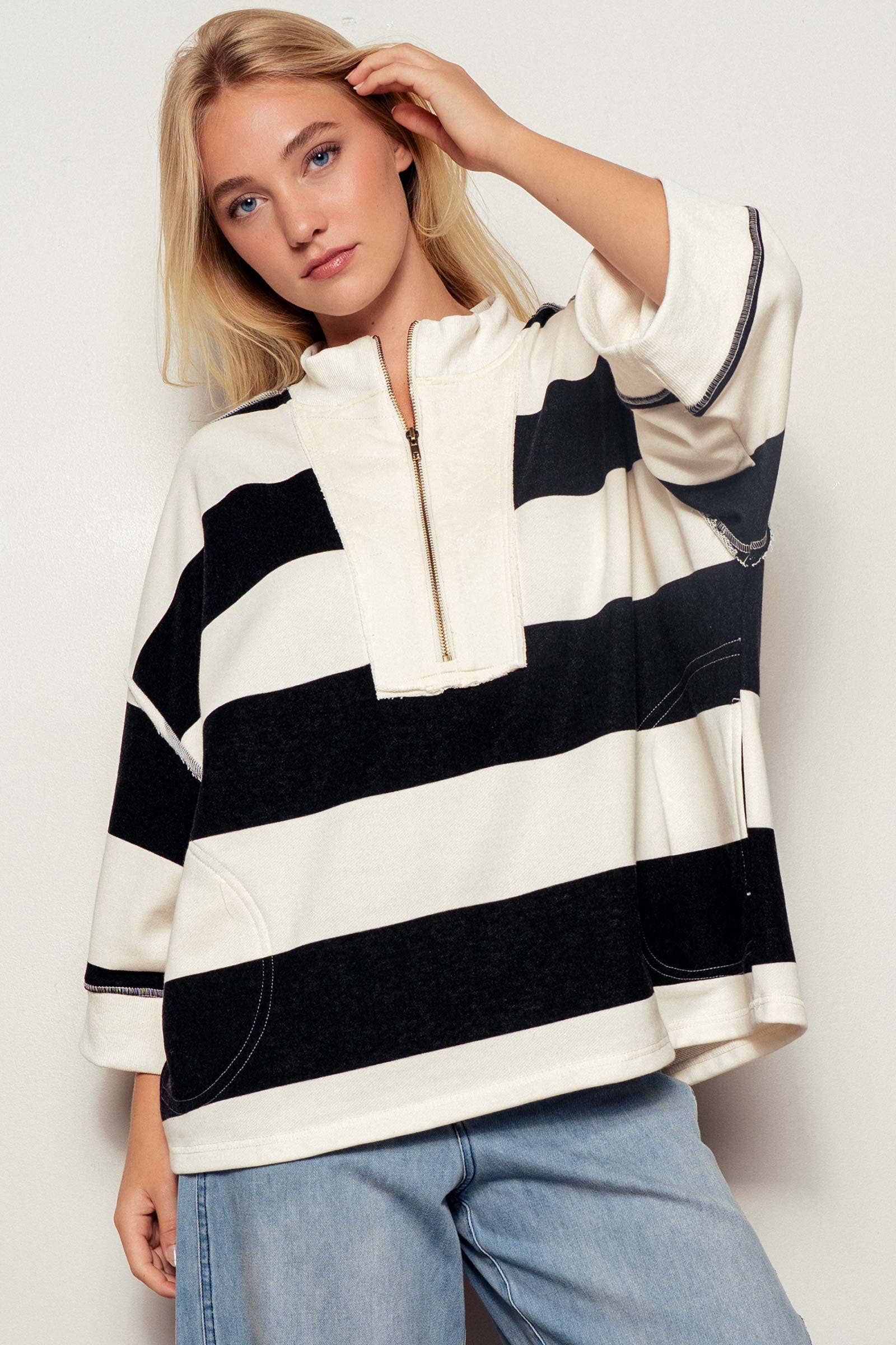 Urban Daizy Oversized Half Zip Bold Stripe Statement Pullover Sweatshirt Cream-Black Sweatshirt - Women's (UDZ-KN-00450)…
