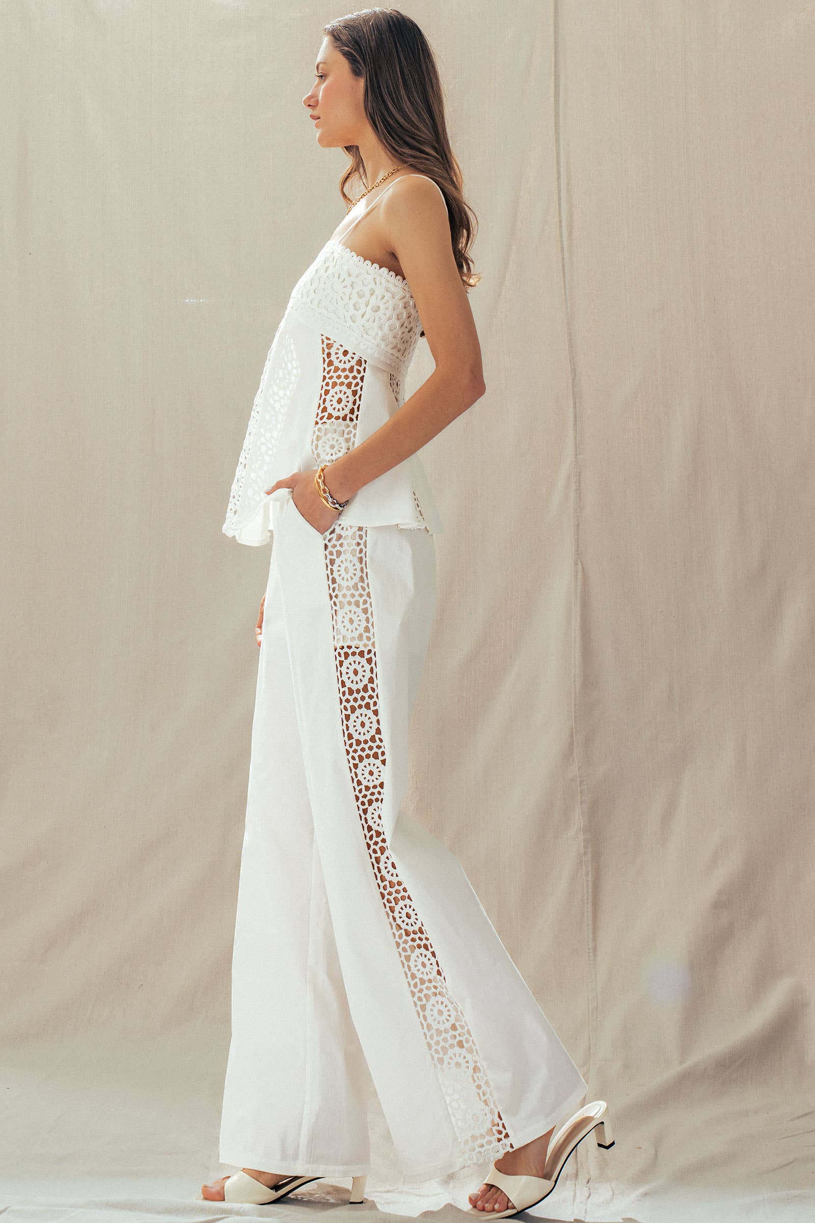 Cotton Eyelet Two-Piece Set Peplum Cami & Pants