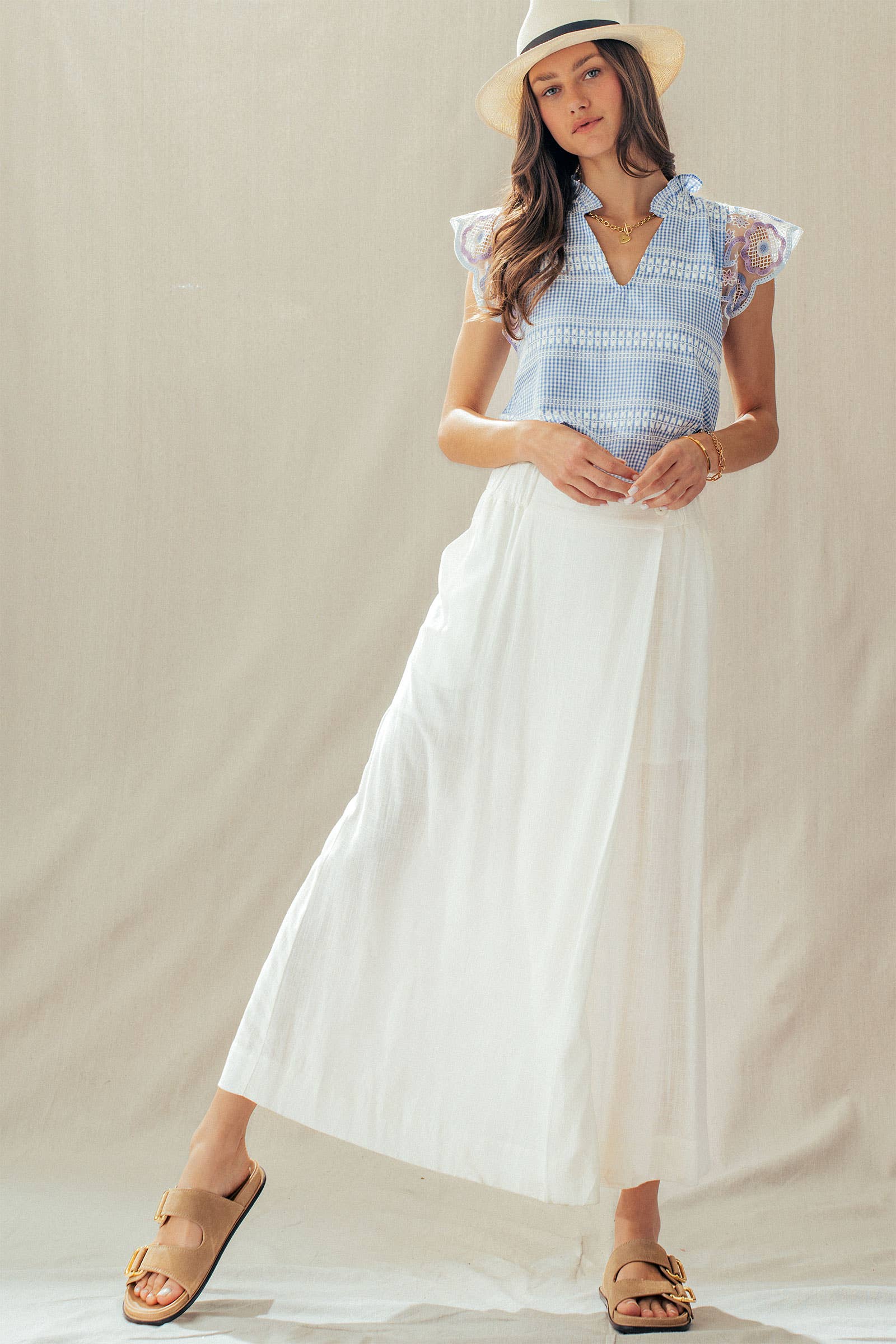 Gingham Lace Flutter Sleeve Cotton Top