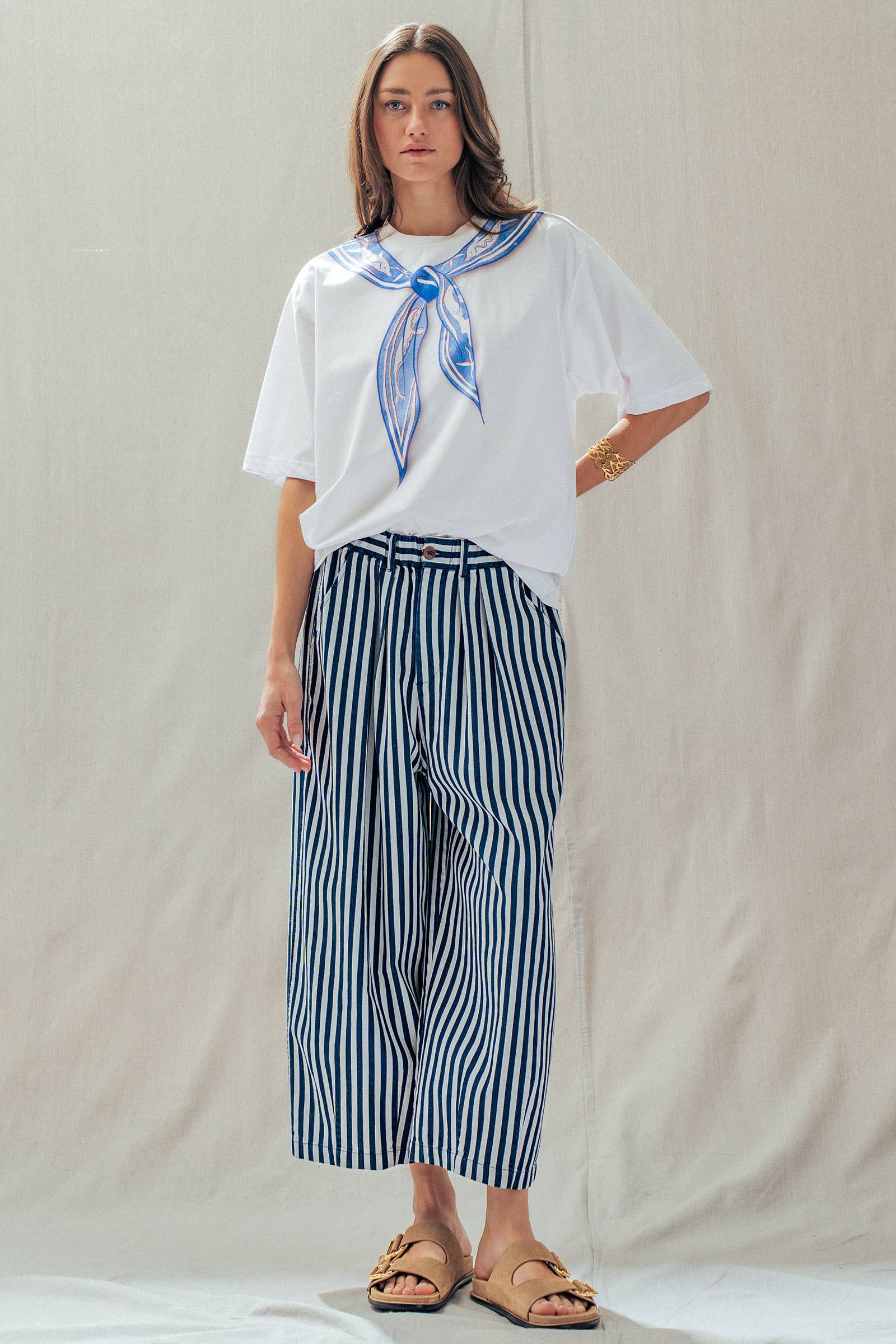 Striped Pleated Wide Leg Culotte Pants