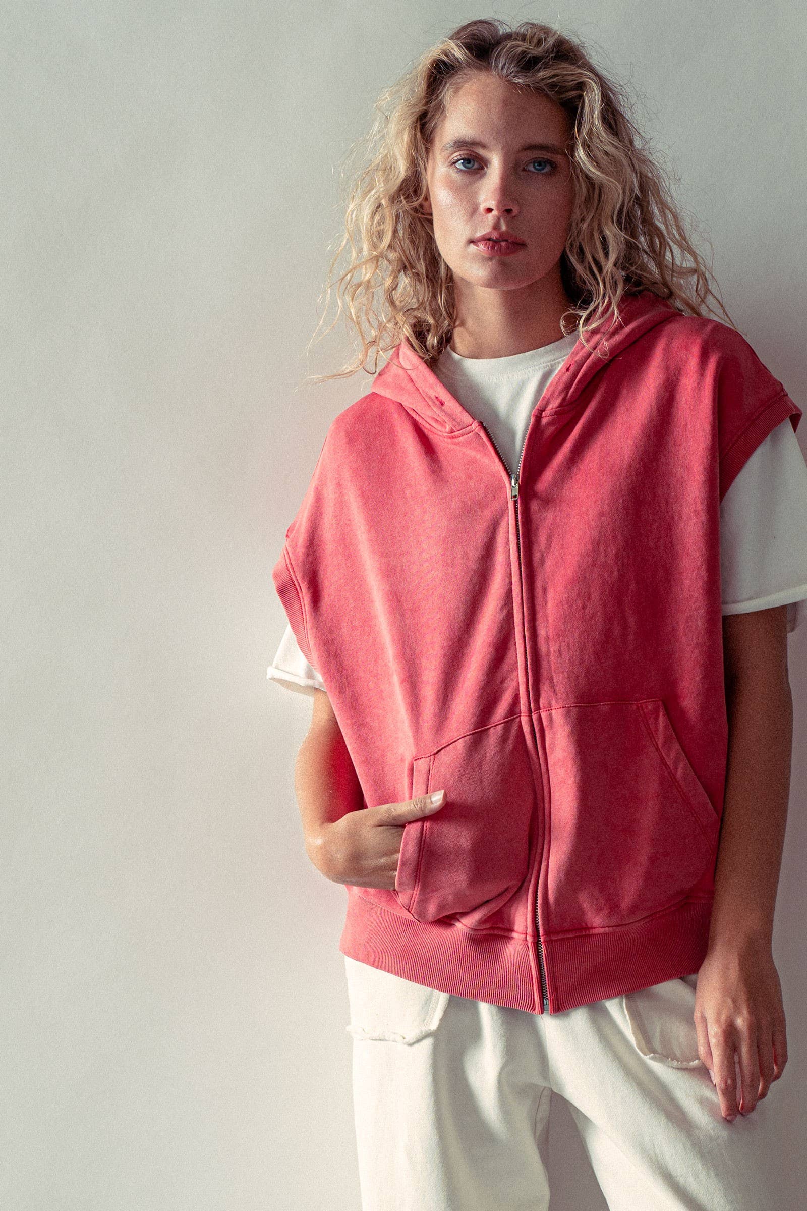 Vintage-Wash Sleeveless Terry Hoodie