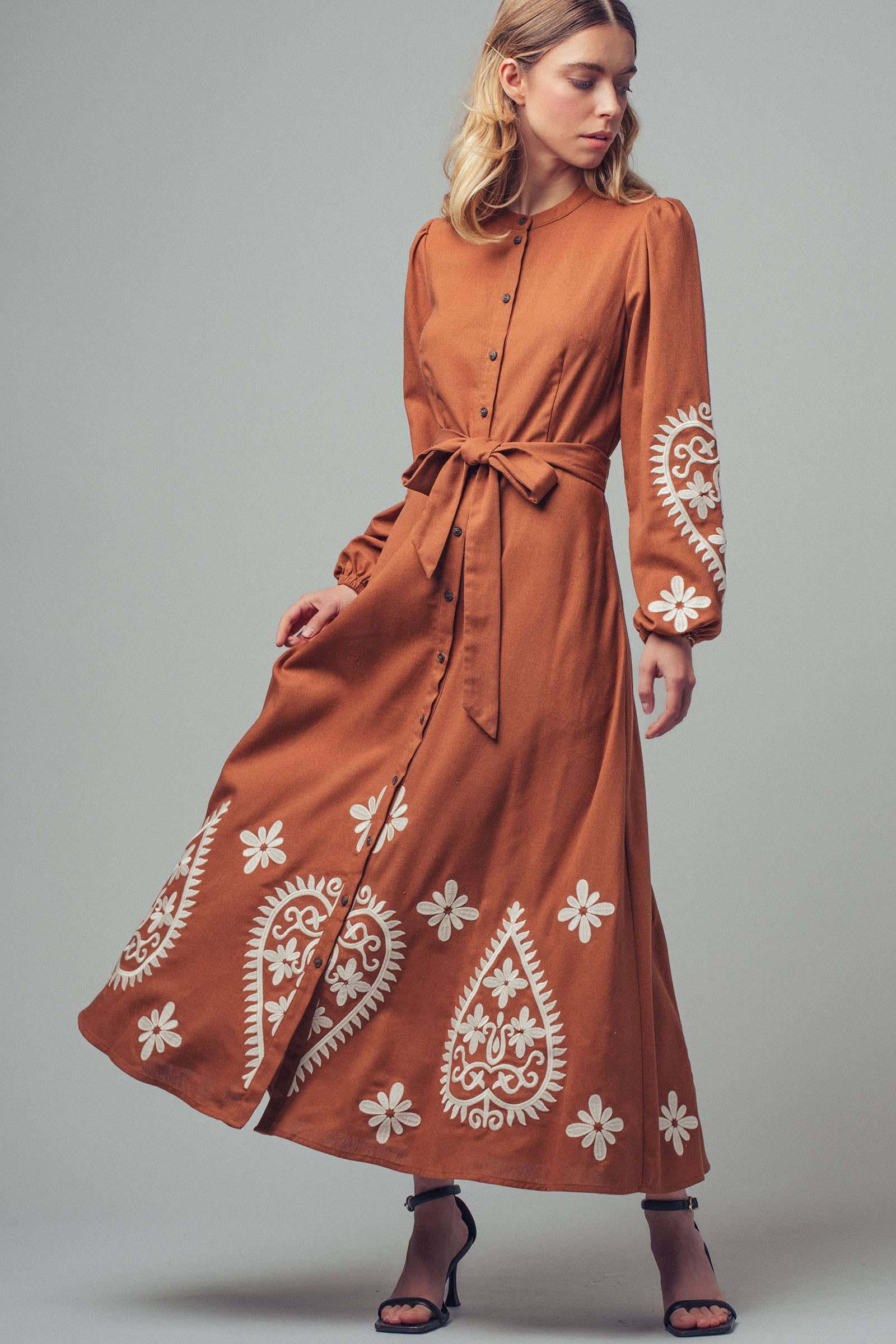 Urban Daizy Paisley Embroidered Belted Maxi Dress Camel Dress - Women's (UDZ-DR-00509) – alternate view 10