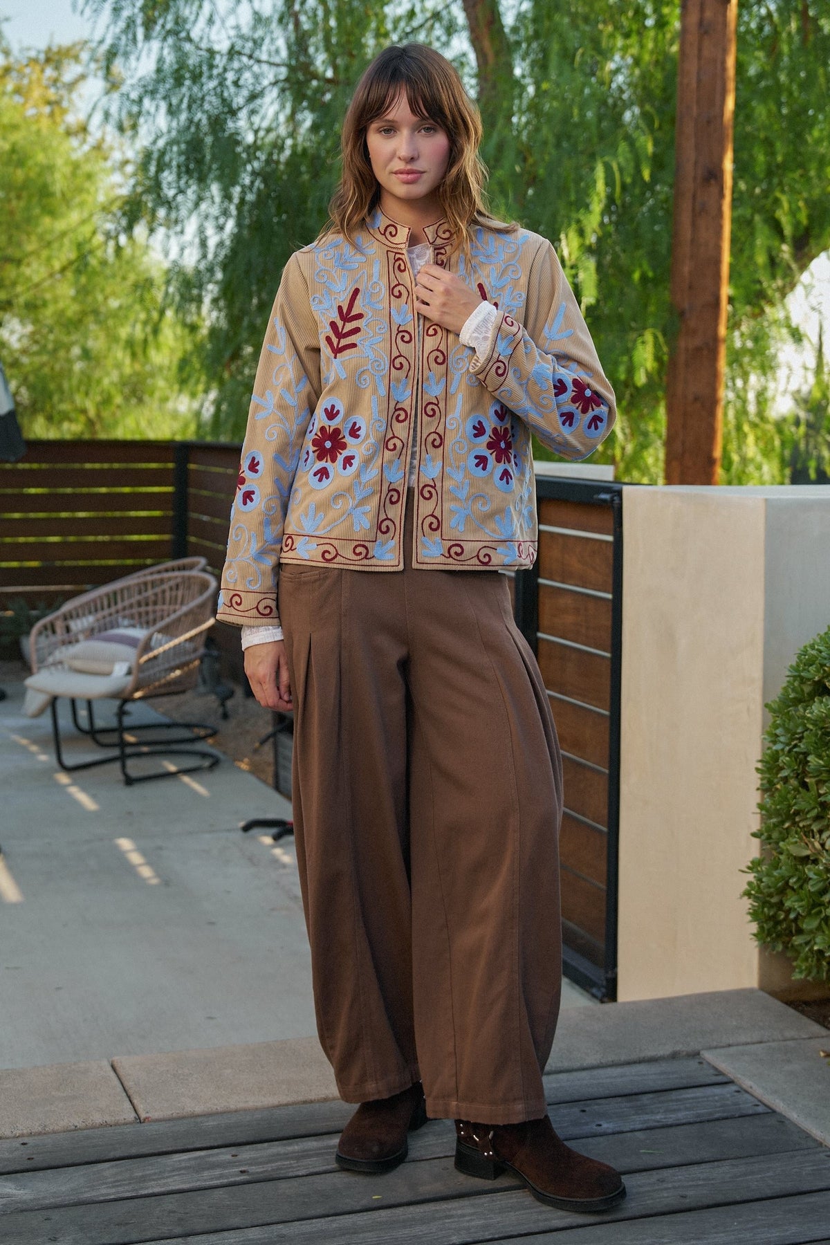 Embroidered Corduroy Jacket with Folk Floral Scroll in KHAKI - Women's Jackets & Blazers | Urban Daizy