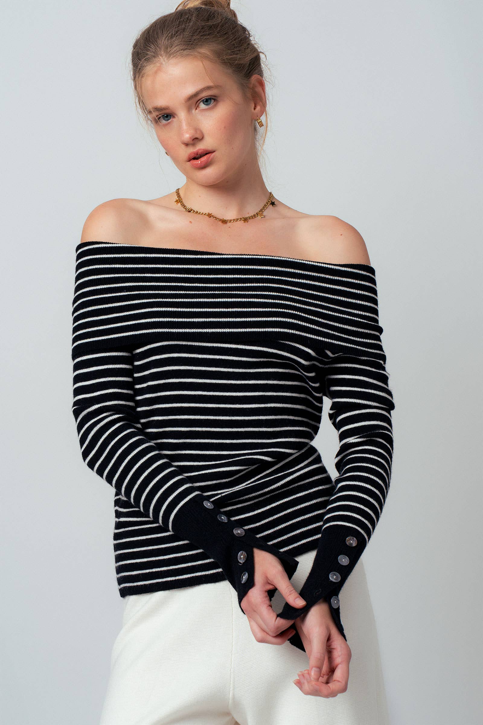 Off-Shoulder Striped Knit Top